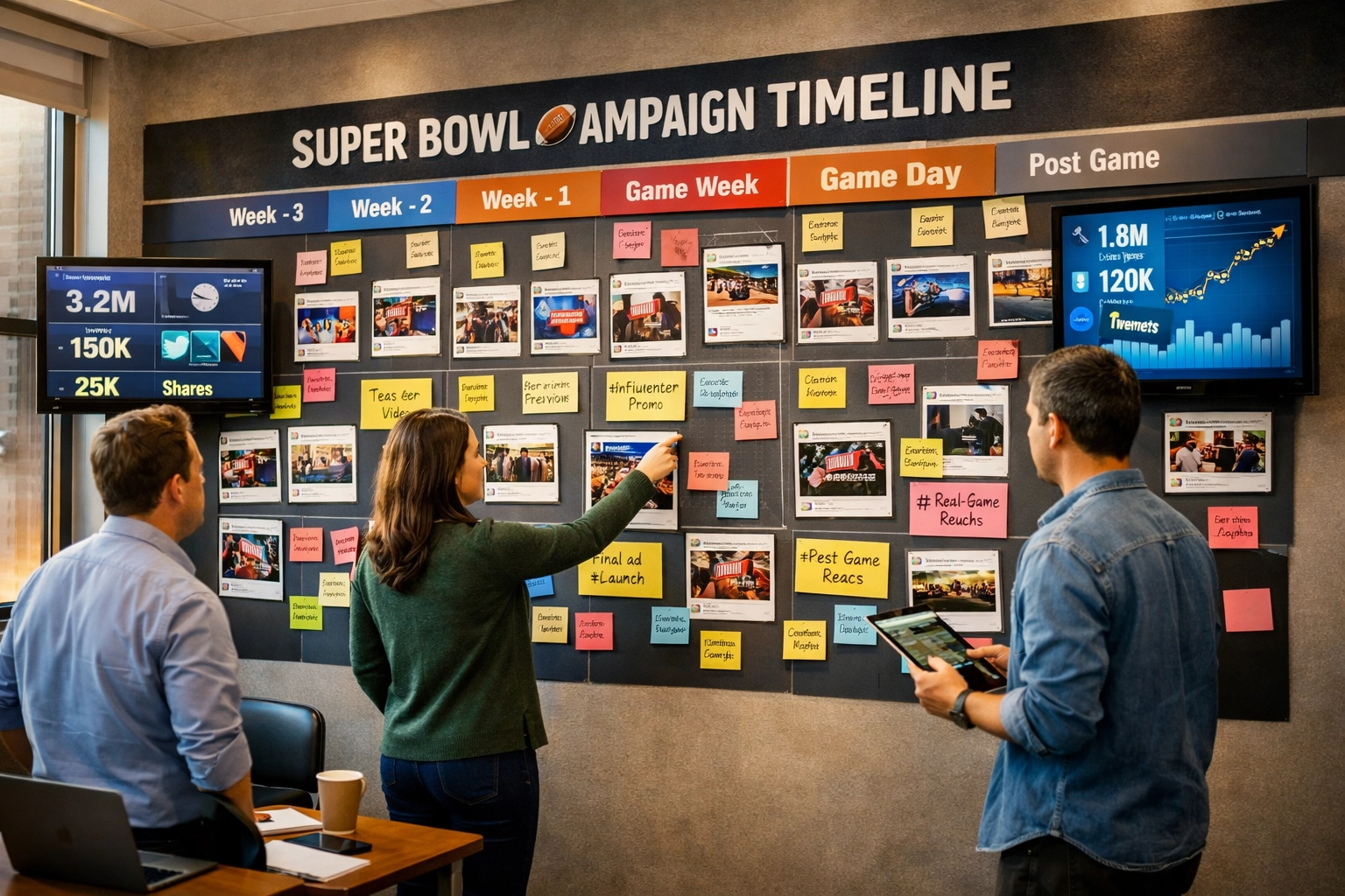 Marketing team planning multi-week Super Bowl advertising campaign strategy
