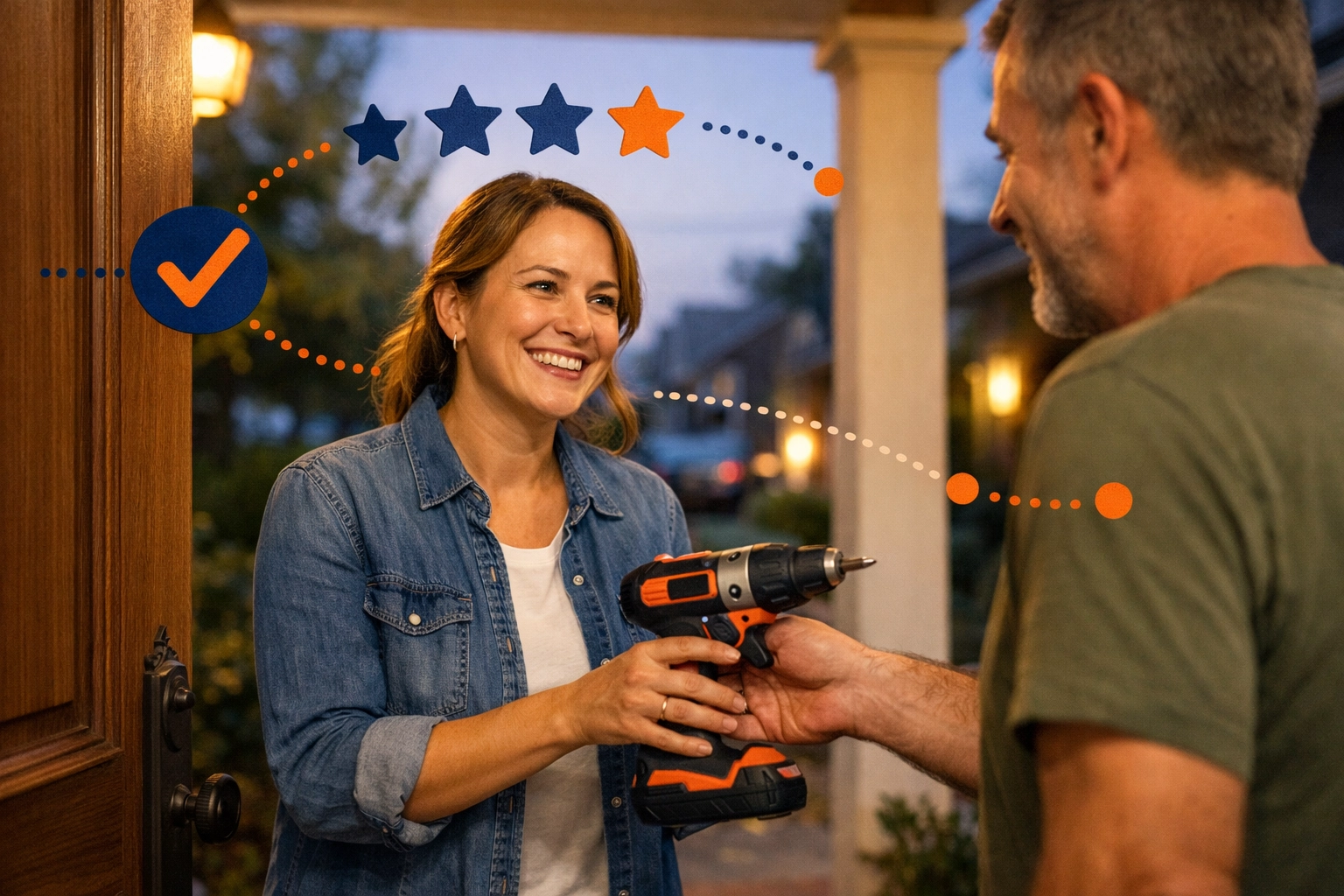 Neighbor handing power drill to renter on doorstep in safe peer-to-peer rental exchange