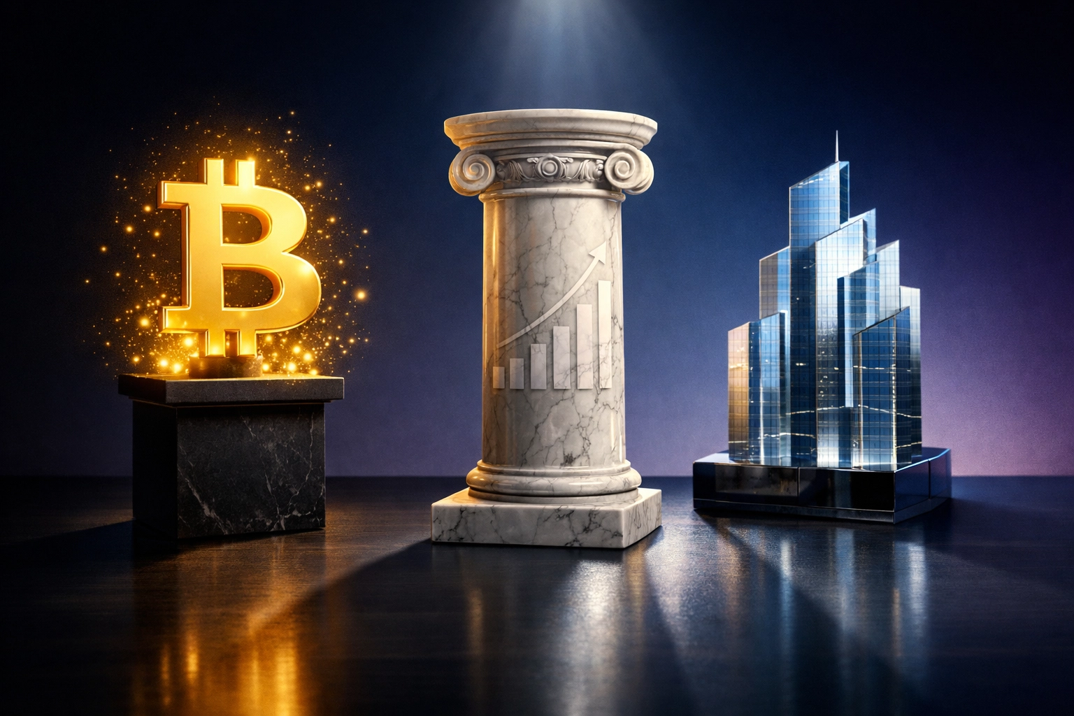 Three pillars representing Bitcoin, private equity, and real estate in a diversified portfolio strategy