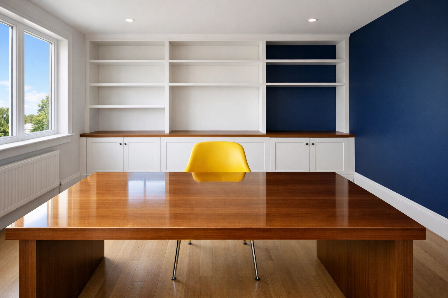 A clutter-free, minimalist home office in Winchester MA professionally cleaned for a fresh workspace reset.