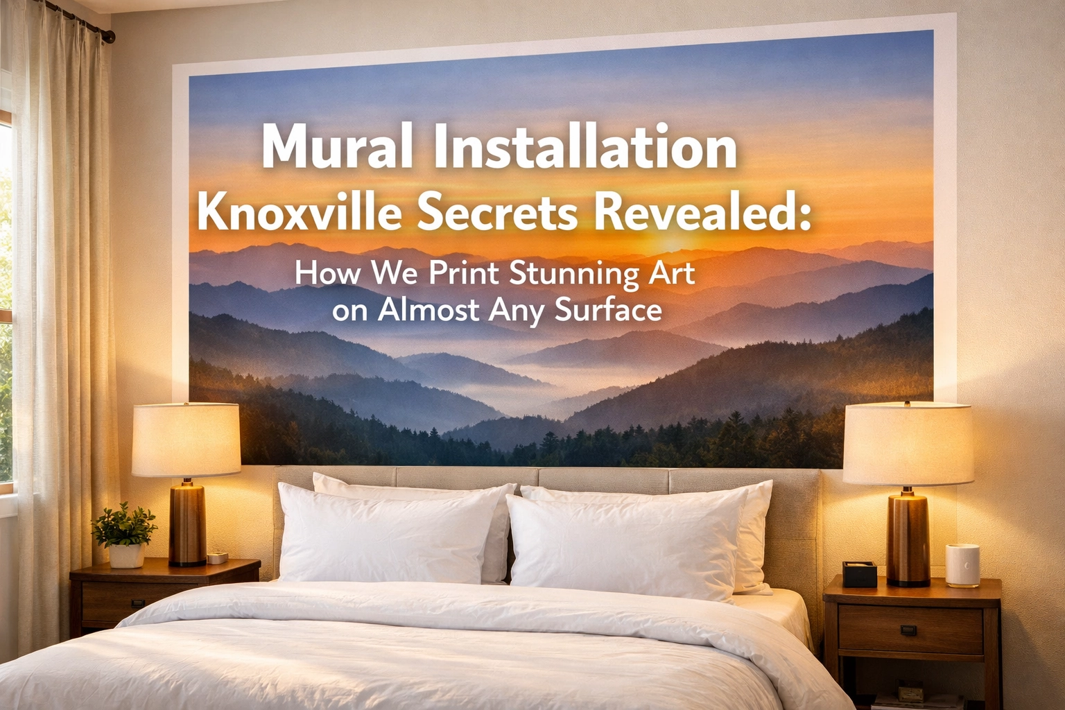 Smoky Mountain sunrise custom wall mural in a Knoxville Airbnb bedroom, showing high-quality mural installation.