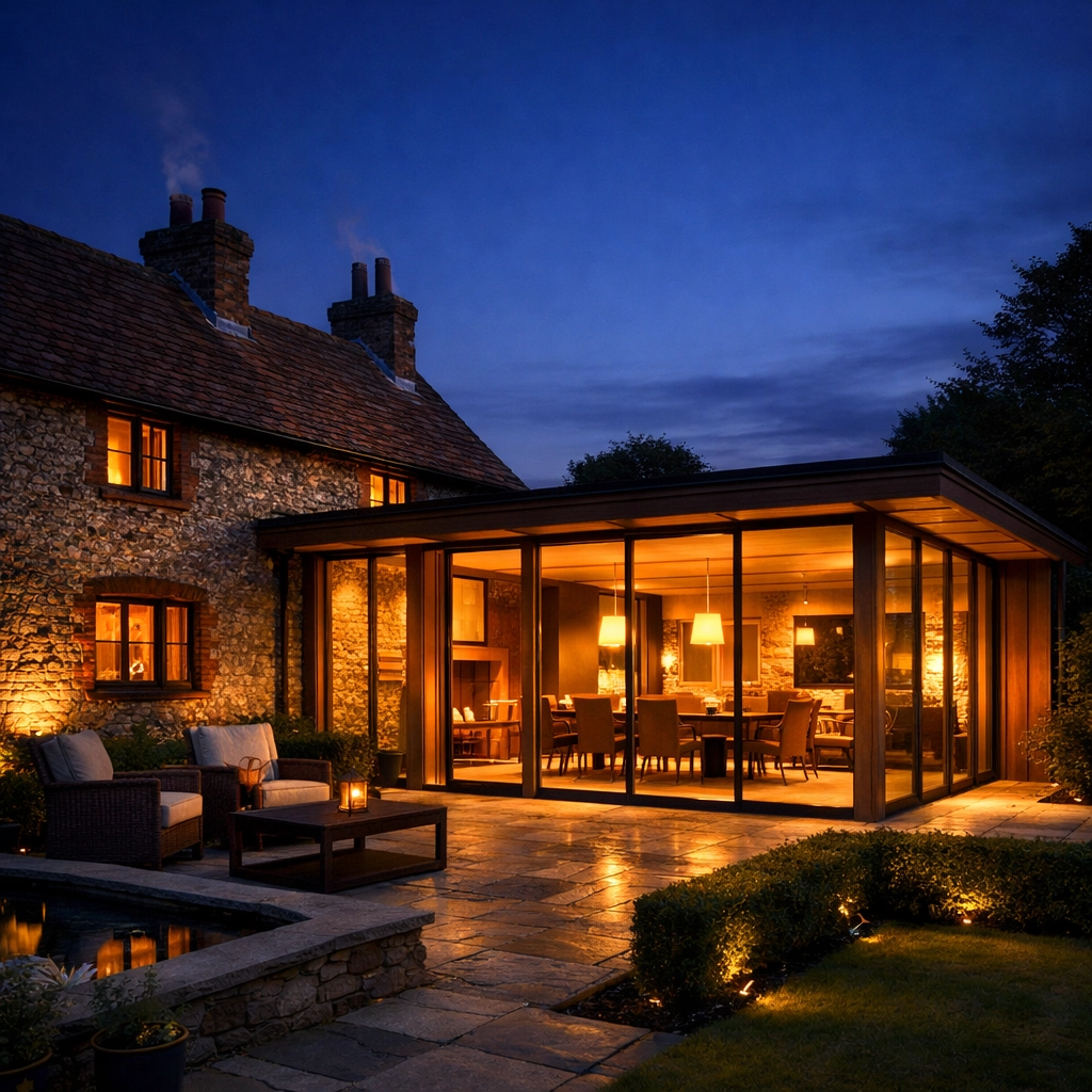 Modern glass extension on a traditional West Sussex flint cottage in Bognor Regis at dusk.