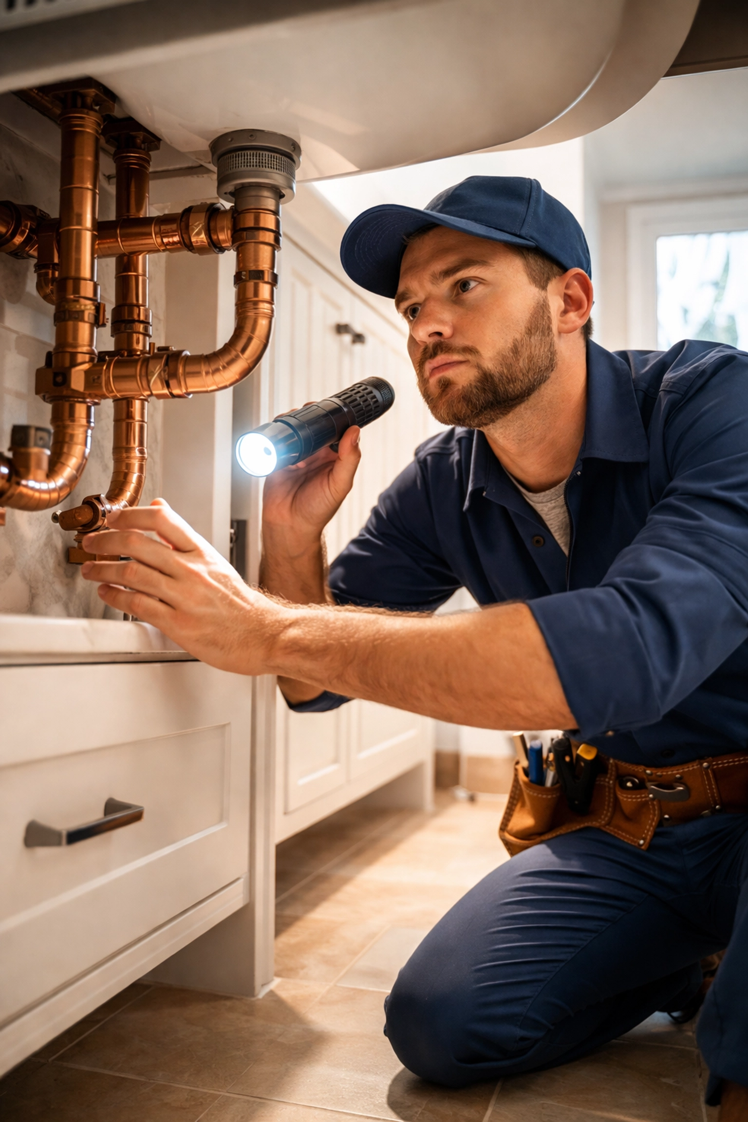 Licensed plumber inspecting pipes under a bathroom sink in Cleveland TN home for hidden leaks and issues