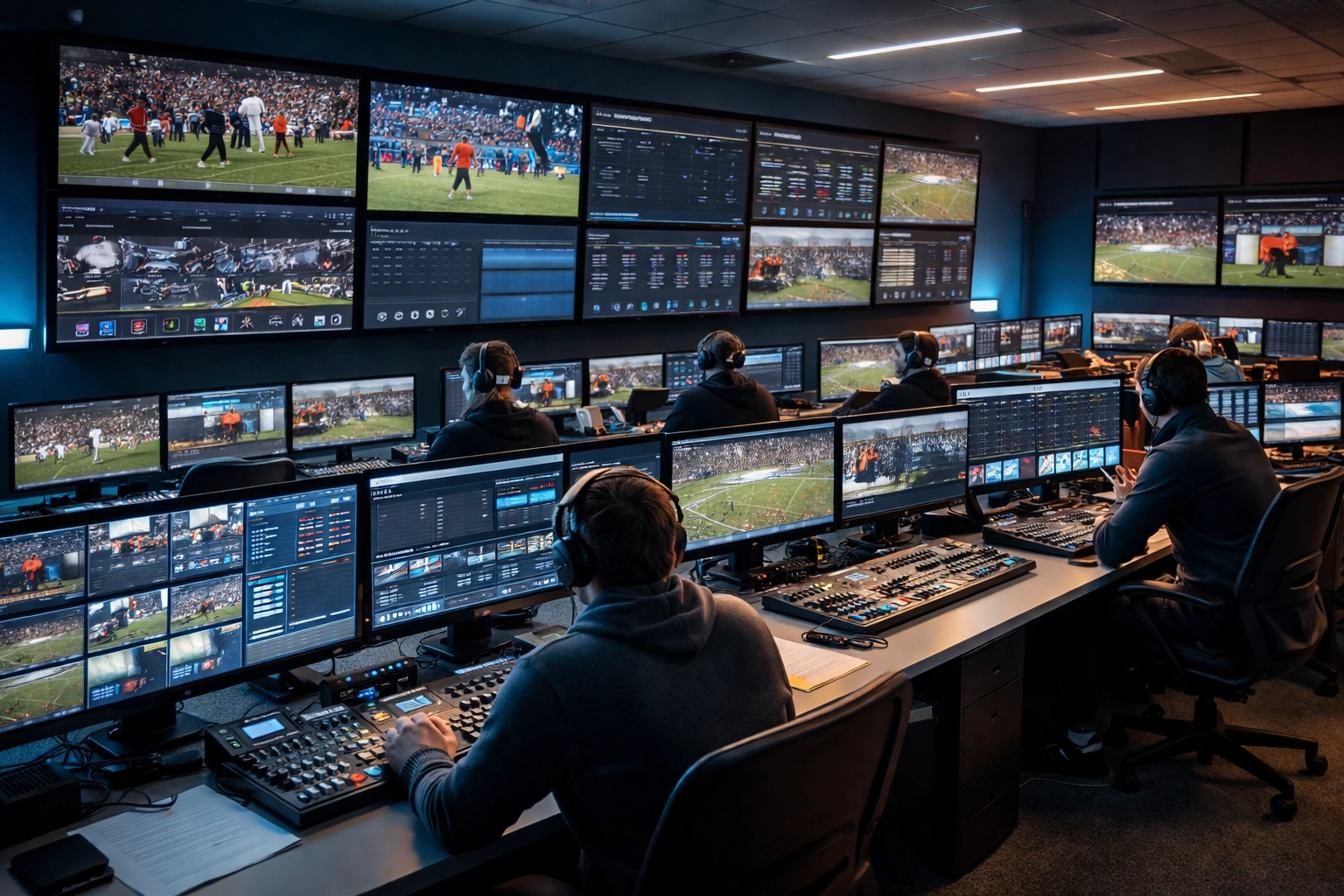 Modern sports broadcasting control room with producers monitoring live feeds and analytics for football, basketball, and soccer, illustrating multi-platform sports media innovation.