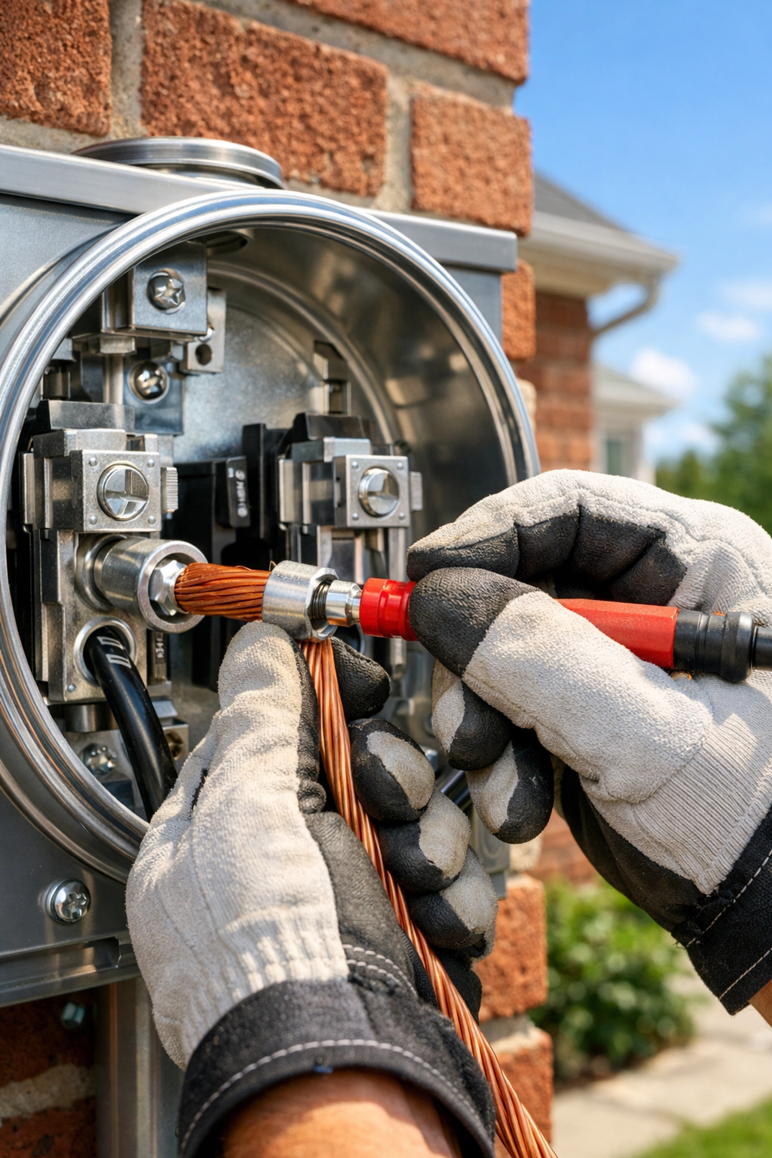 Professional electrician Edmonton installing a new electrical meter base for a home service upgrade.