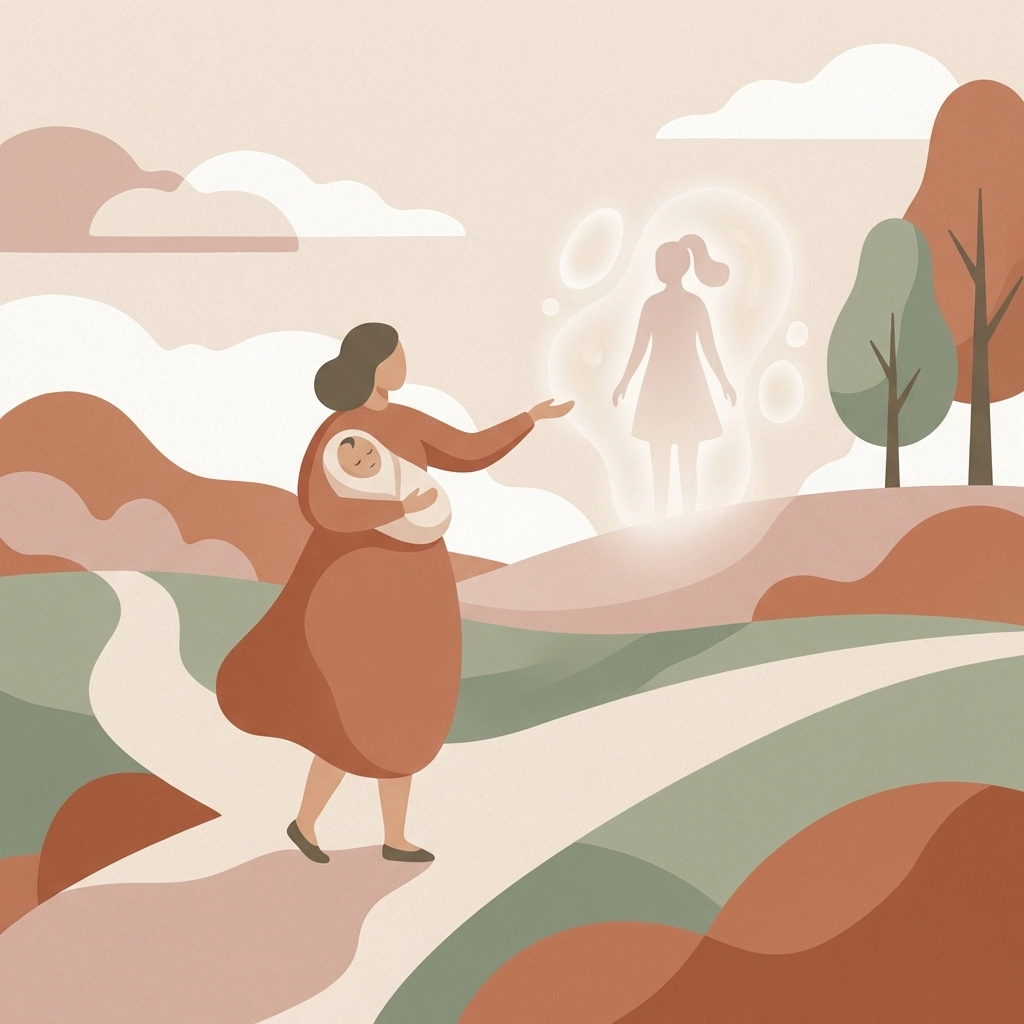Illustration of a mother holding her baby at a crossroads, symbolizing the motherhood identity shift in matrescence coaching.