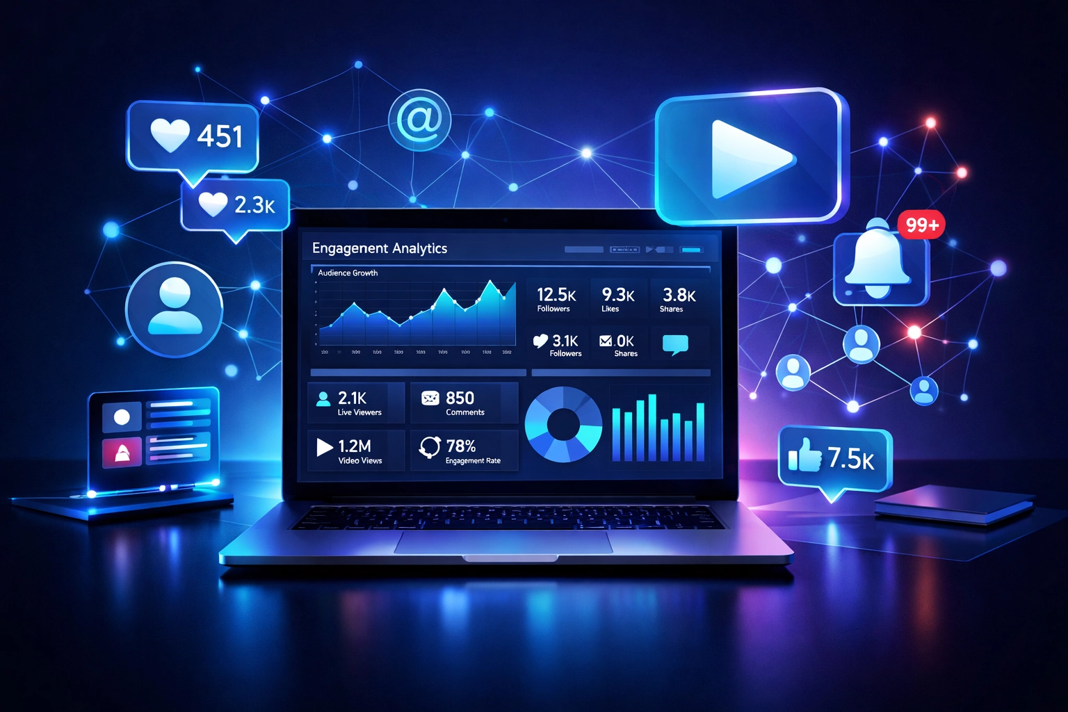 Simon Leung digital workspace showing analytics dashboards and social media engagement metrics for speakers