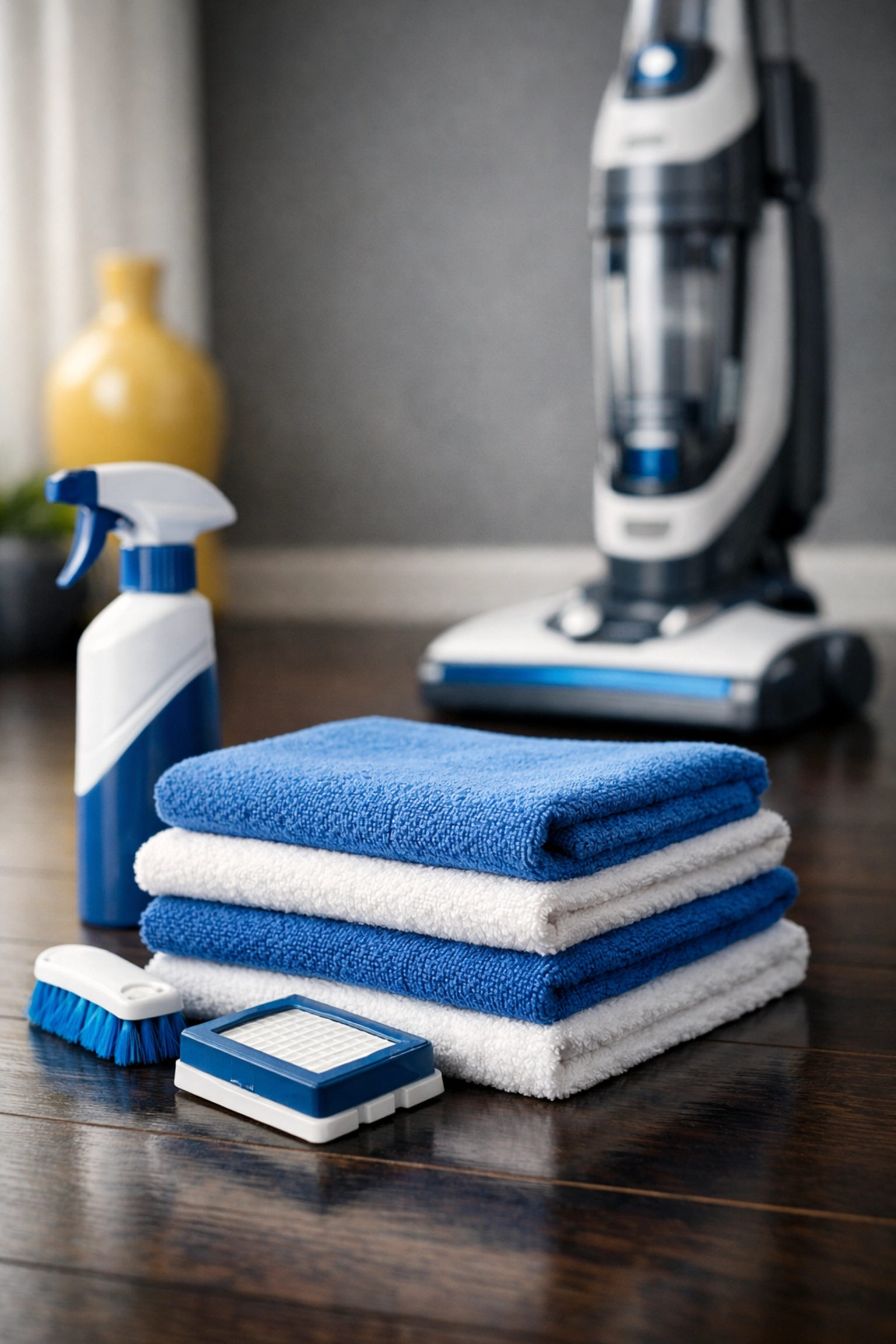 Professional grade cleaning supplies and equipment used for weekly house cleaning in Needham.