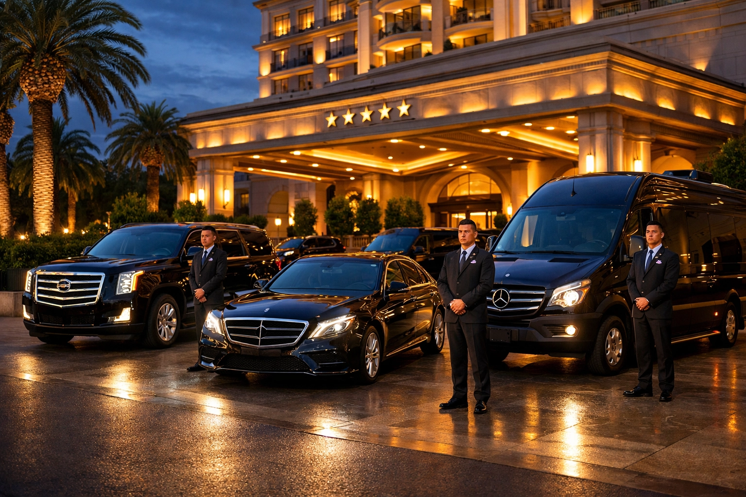 Luxury transportation fleet coordinating Super Bowl corporate travel logistics at hotel