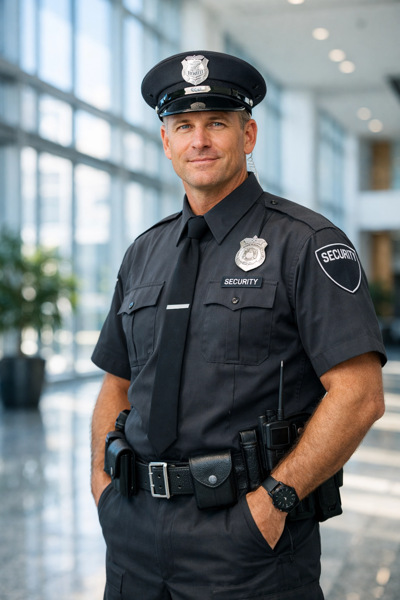 Professional security guard in a modern atrium providing bespoke security services from KGFM Ltd.