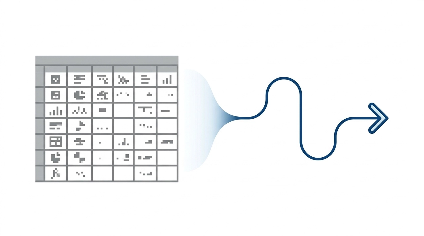 A minimalist vector illustration showing a transition from a cluttered grid to a clean, flowing path.