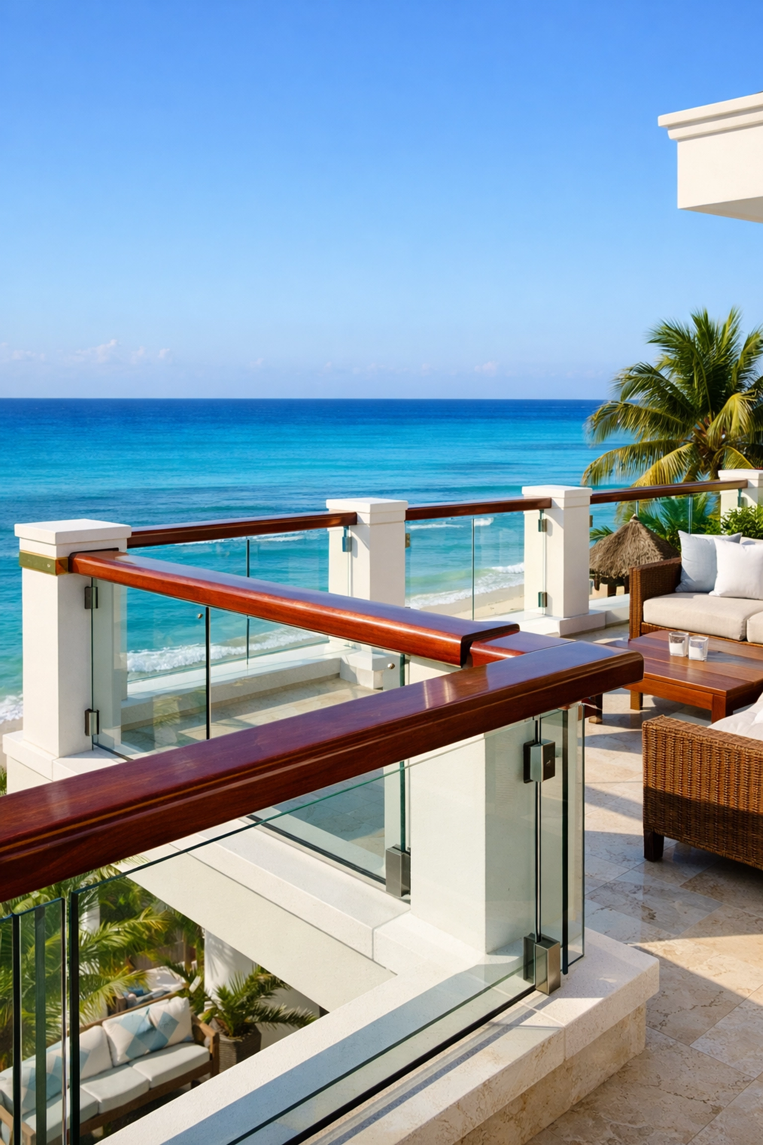 Well-maintained luxury beachfront balcony in Playa del Carmen showing expert property care.