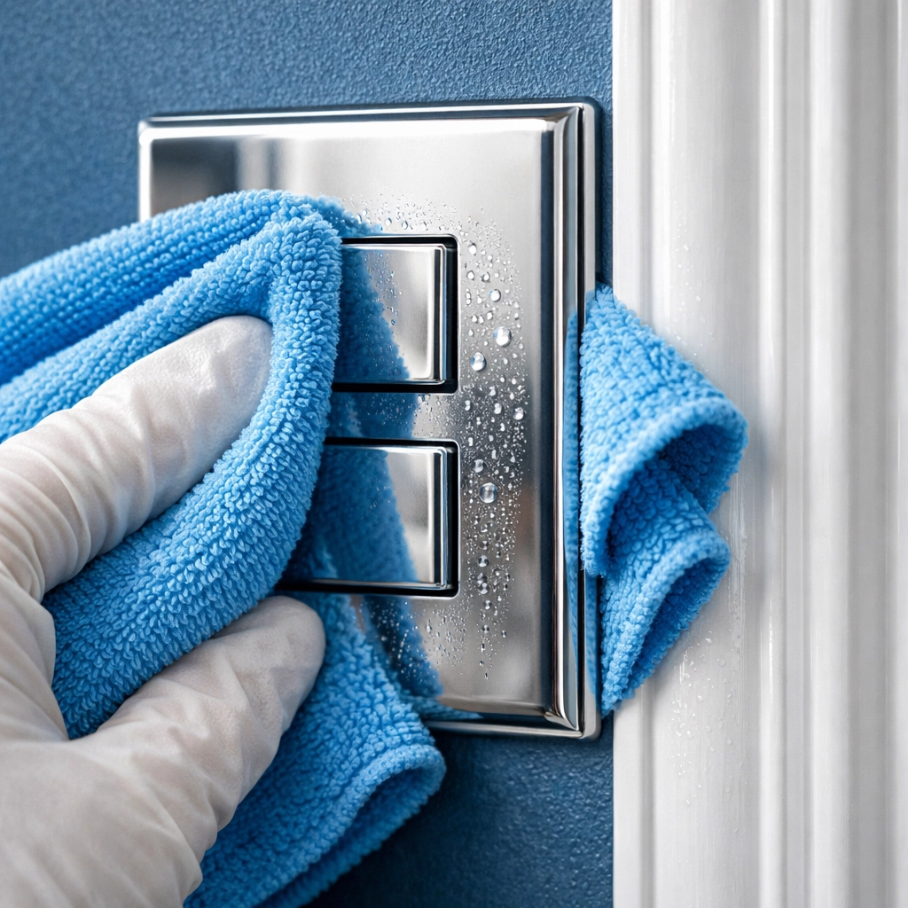 Sanitizing high-touch light switches as part of a thorough deep cleaning in Southborough service.