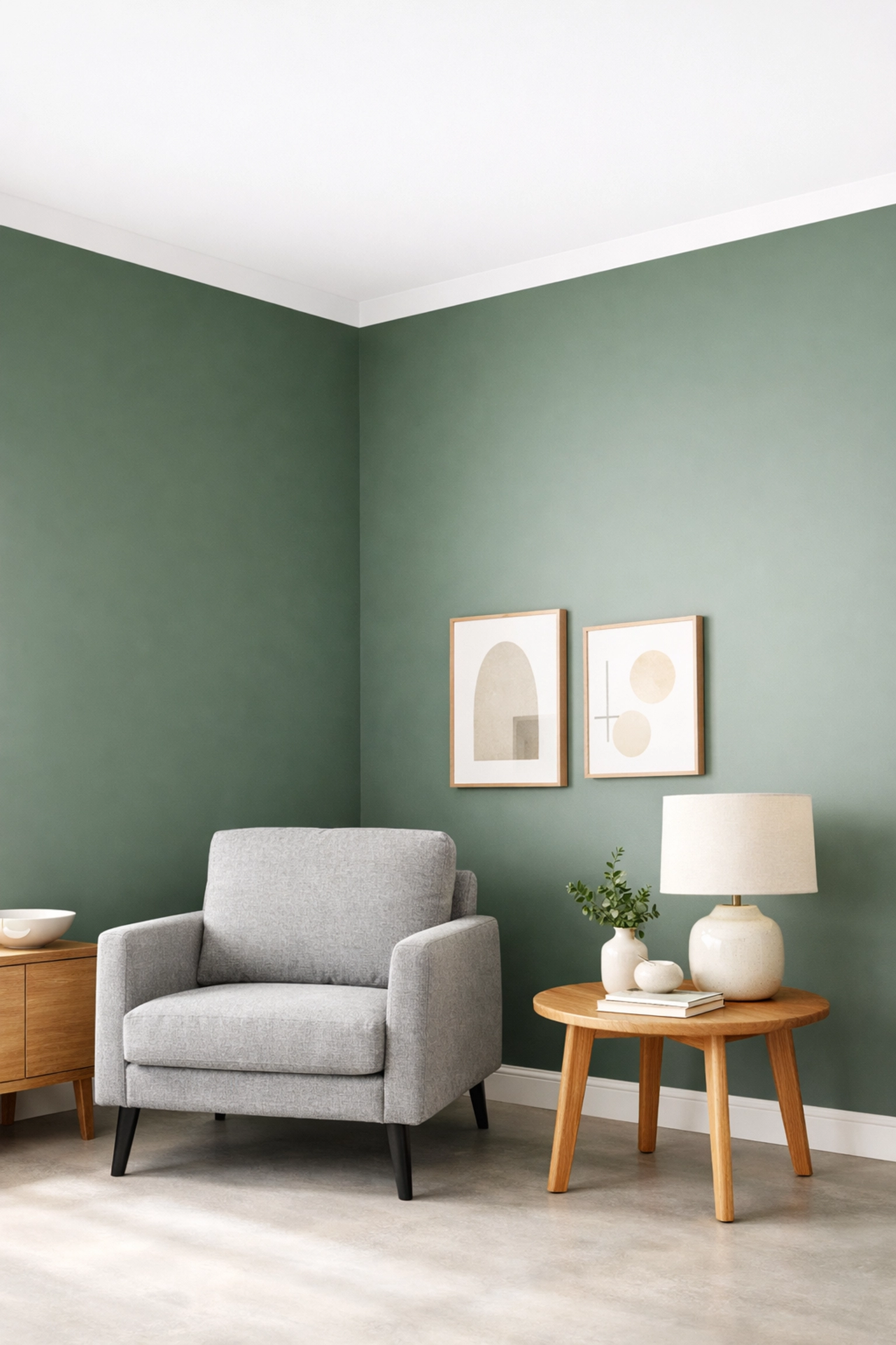 Modern Cheltenham living room featuring sage green colour capping transition from wall to white ceiling.