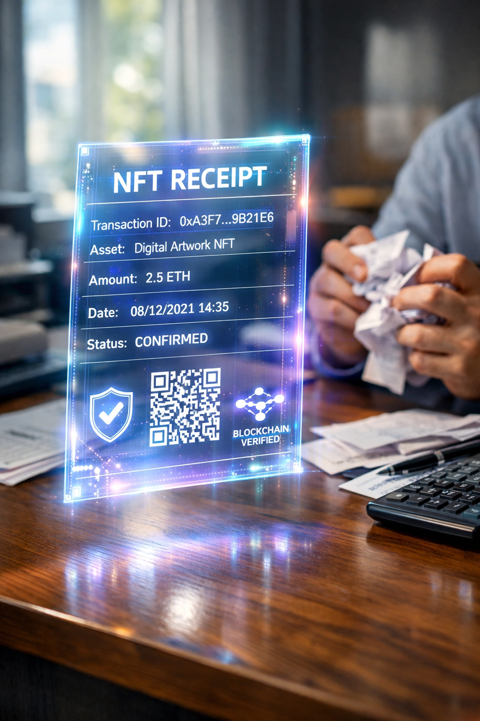 NFT receipt for merchant accounting replacing traditional paper receipts on desk
