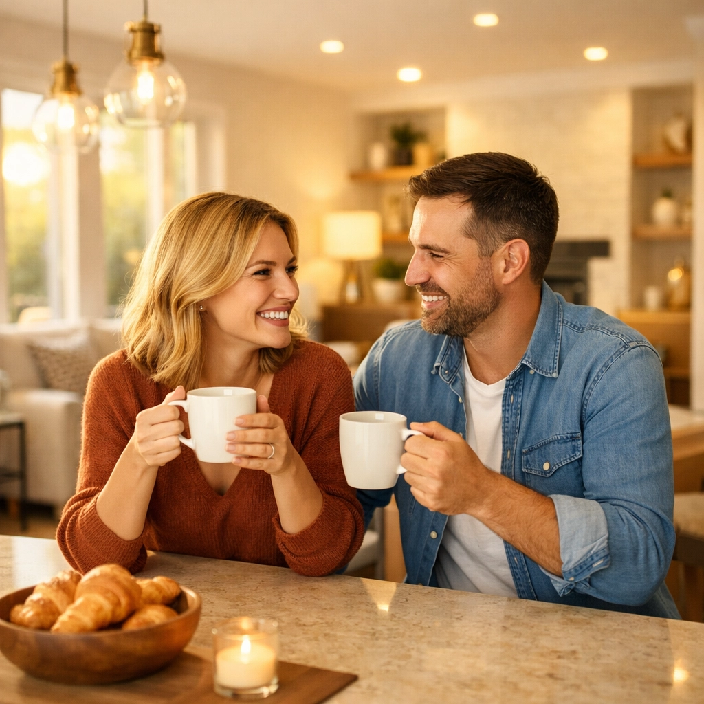 Homeowners enjoying a bright, modern kitchen space after a high-quality Bournemouth home renovation project.
