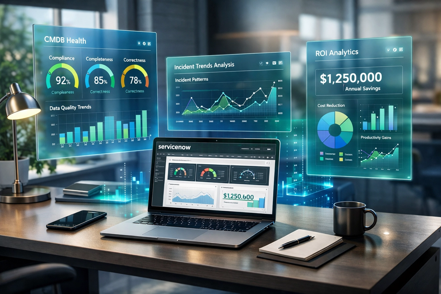 ServiceNow ITOM dashboard displaying CMDB health metrics and ROI analytics