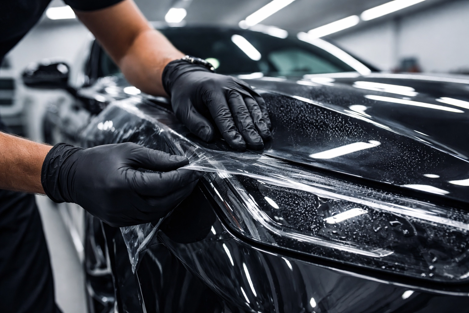 Professional applies clear paint protection film to luxury car bonnet, illustrating PPF installation for car paint protection.