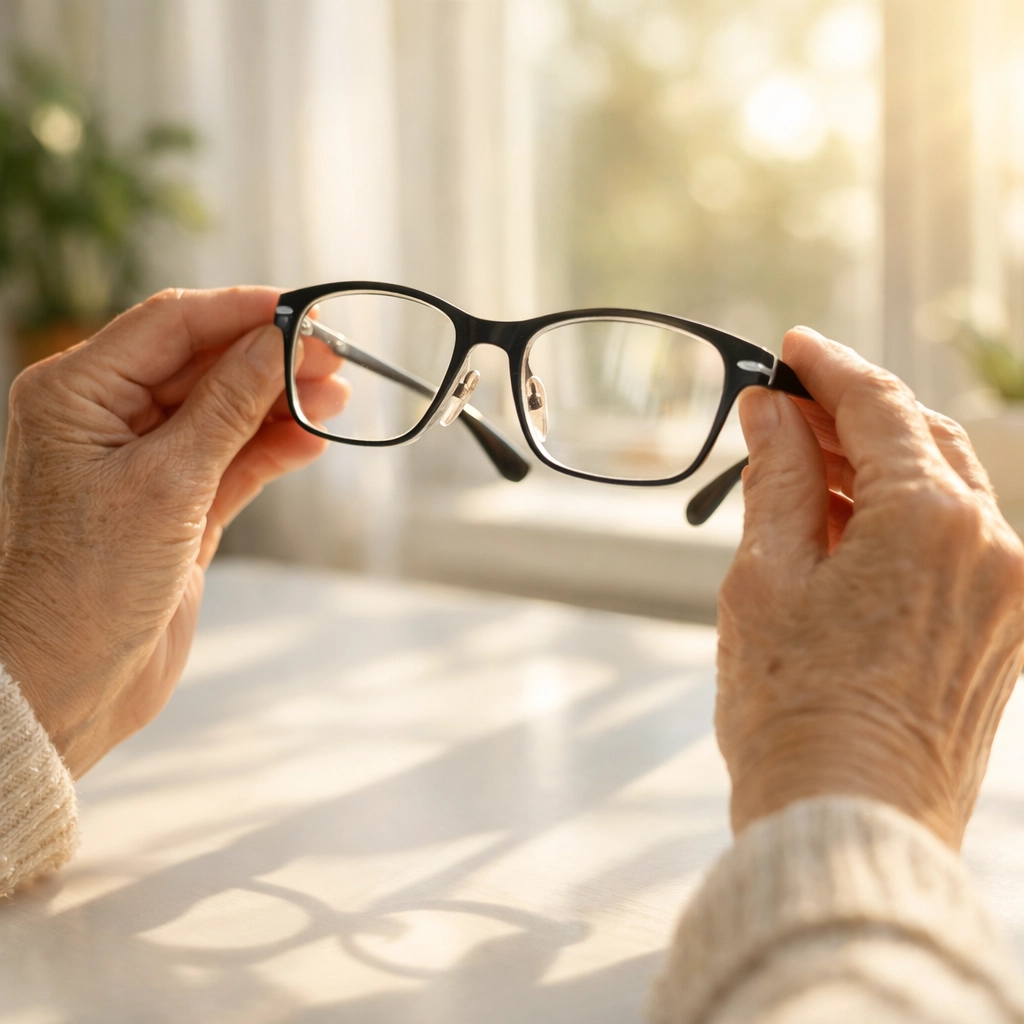 Senior hands holding eyeglasses near window showing importance of proper vision correction for fall prevention
