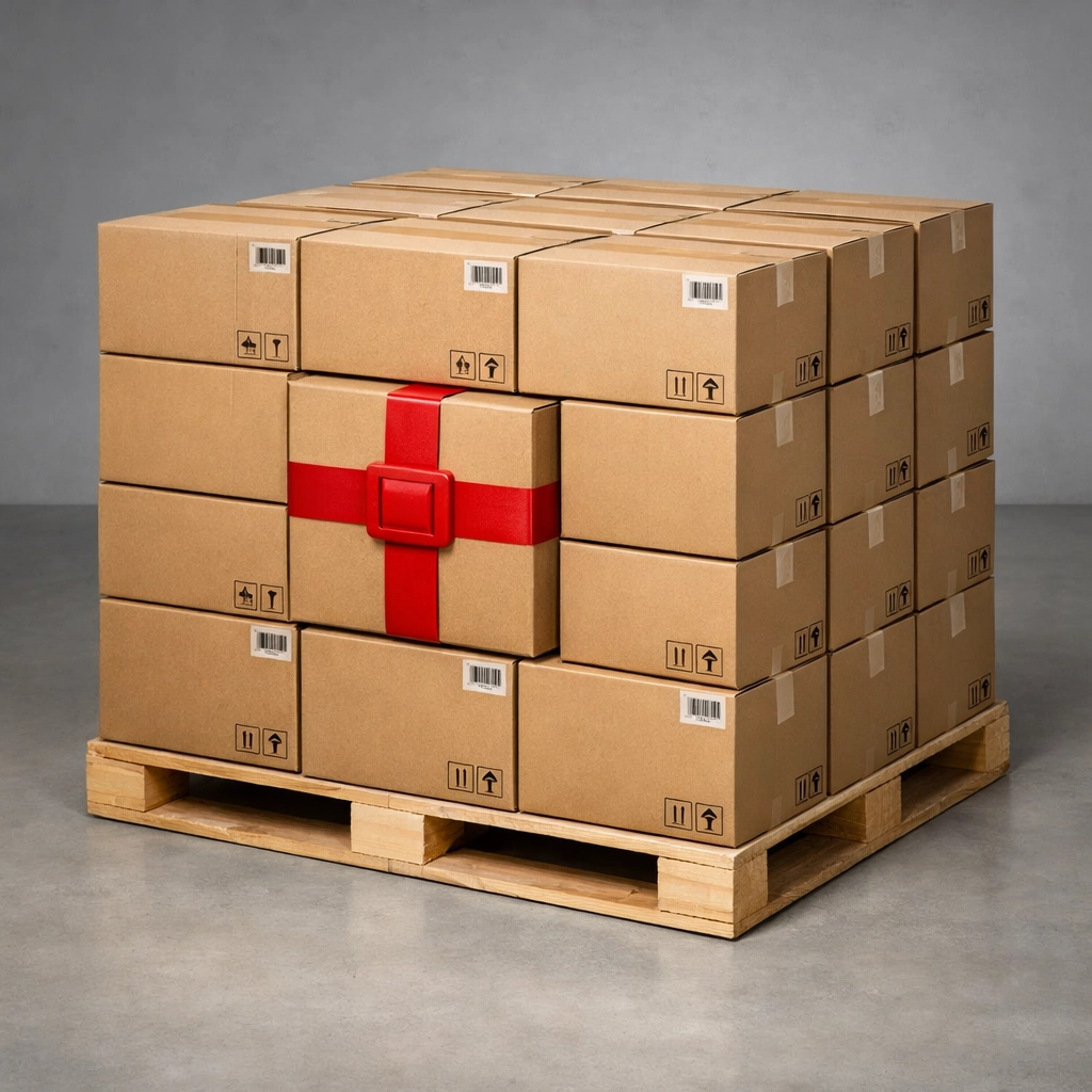 Organized pallet of retail orders ready for shipping from a Hertford storage and fulfilment warehouse.