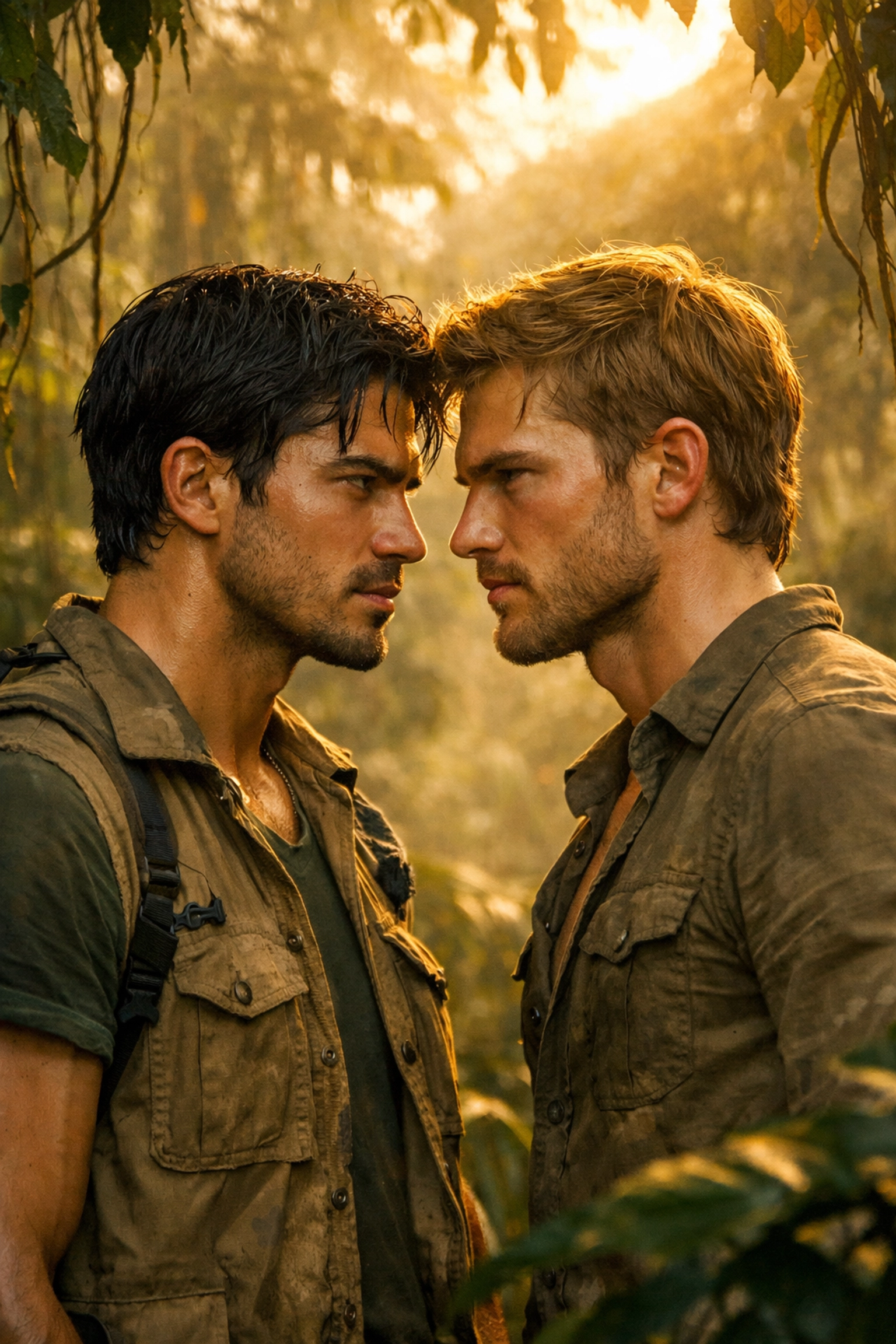 Two men in Amazon rainforest at golden hour - MM adventure romance setting