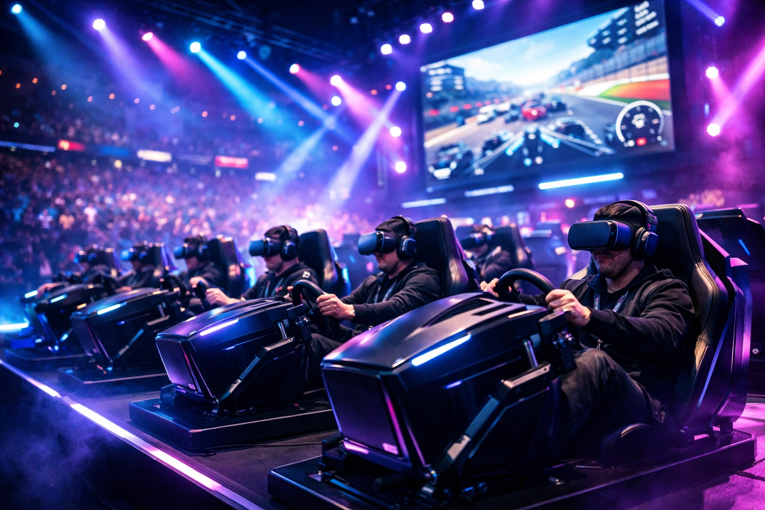 Competitive esports players using simulator pod systems during a professional gaming tournament.