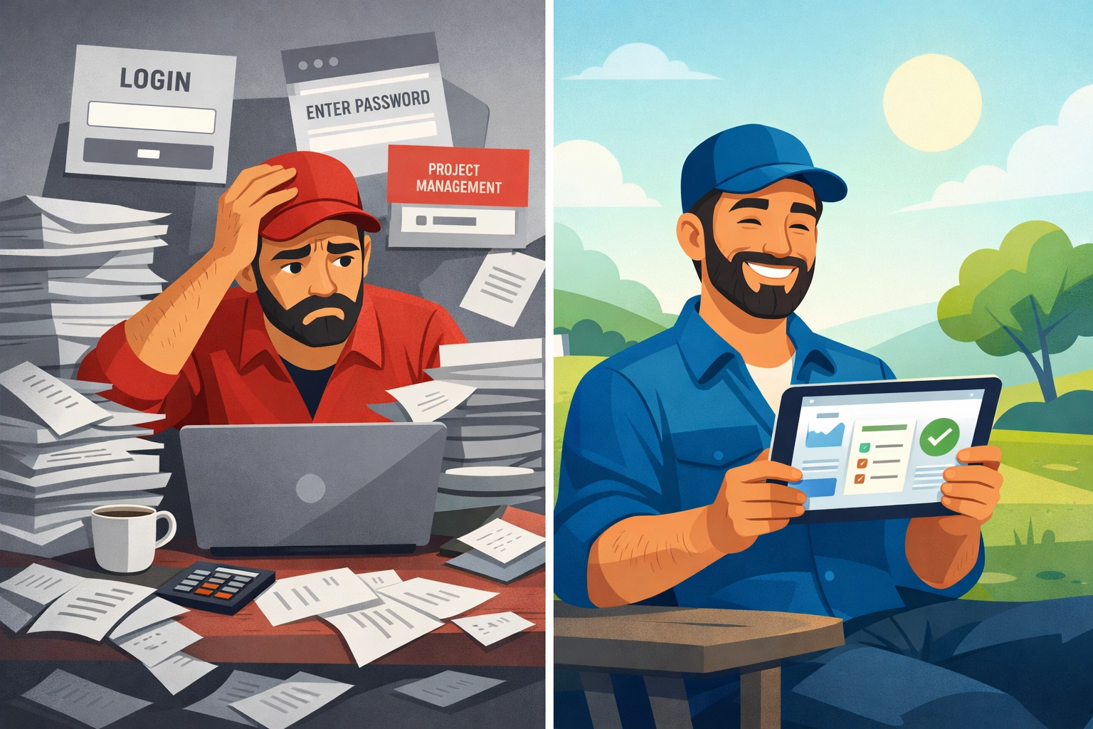 Contractor stressed by multiple software logins vs relaxed using simple invoicing solution