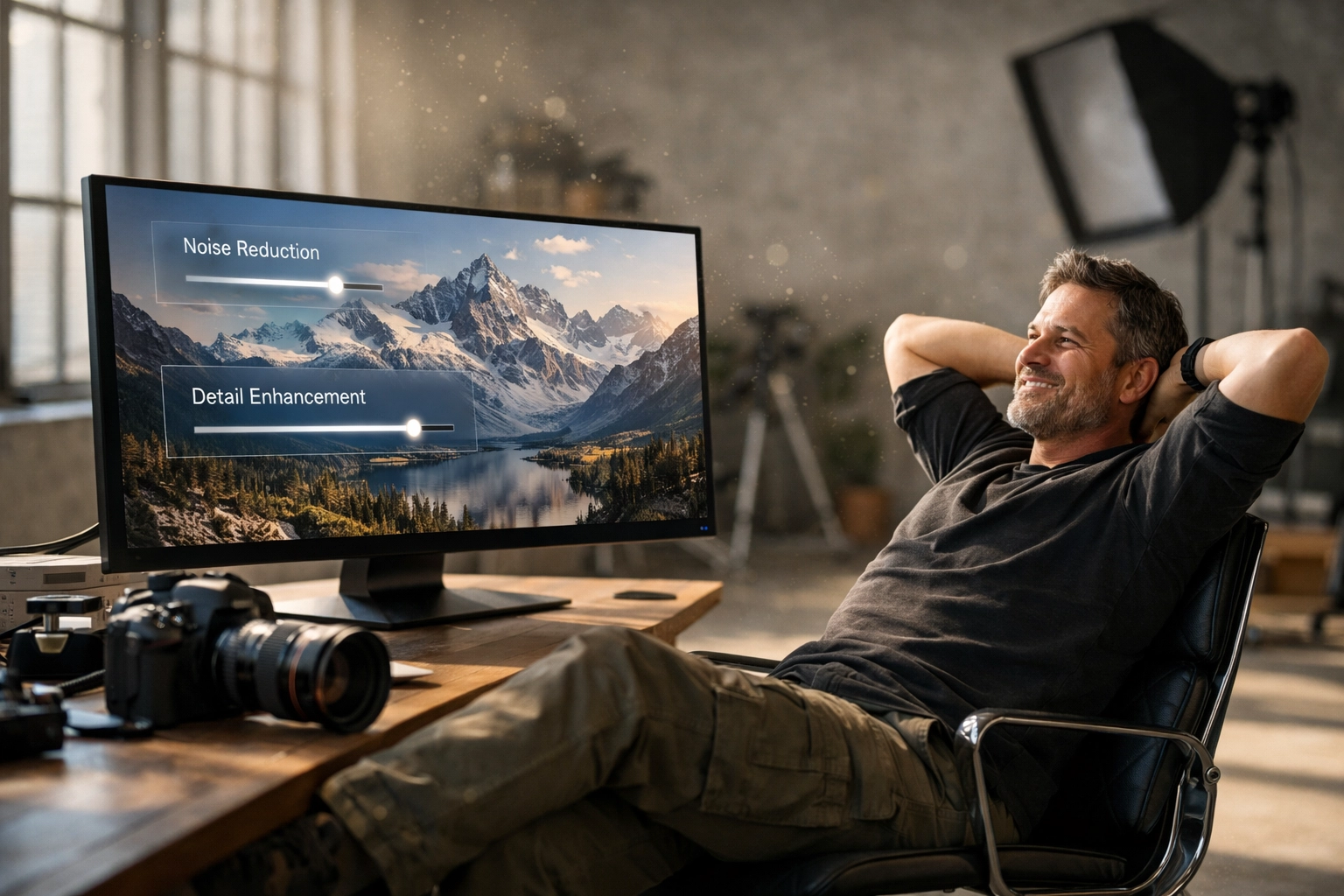 A photographer in a studio using AI photography news features to automate technical editing tasks.