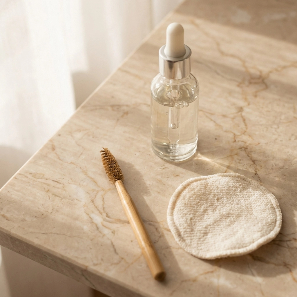 Ορός φρυδιών, spoolie και βαμβακερό pad φωτογραφημένα πάνω σε μάρμαρο, ιδανικά προϊόντα για aftercare brow lamination