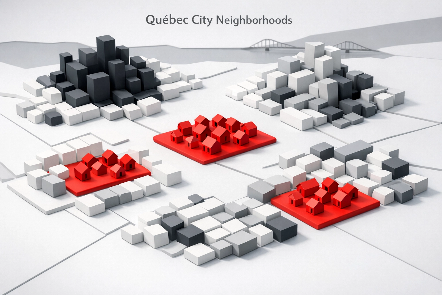 Vue aérienne comparant les prix des différents quartiers et secteurs de Québec