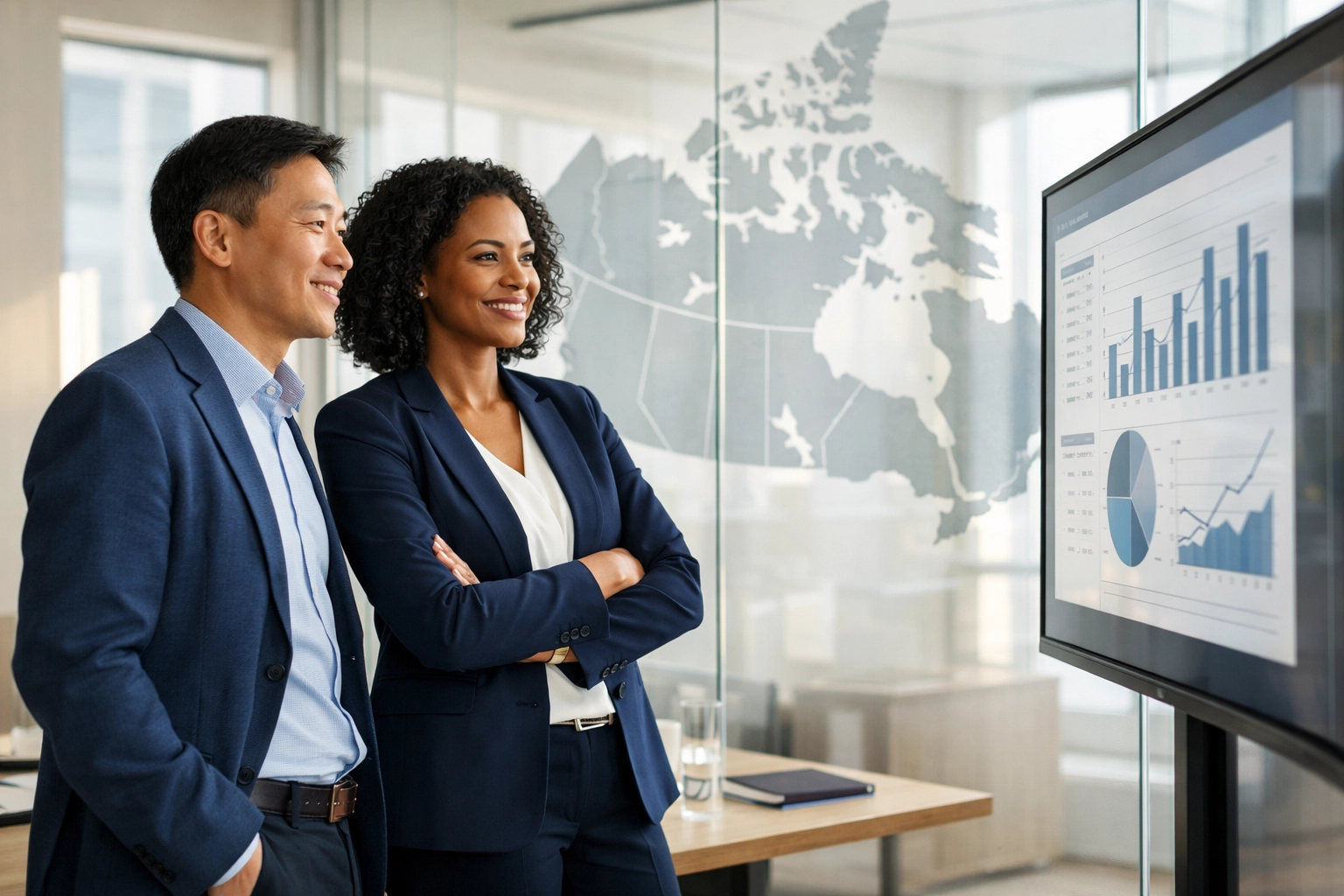 Business professionals in a Canadian office discussing cloud PBX Canada solutions and VoIP migration.