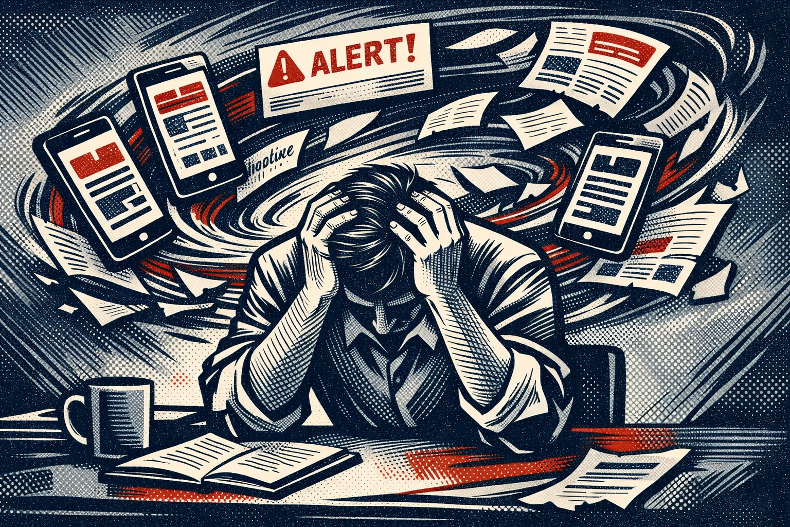 Person overwhelmed by news alerts and smartphone screens depicting Christian news anxiety