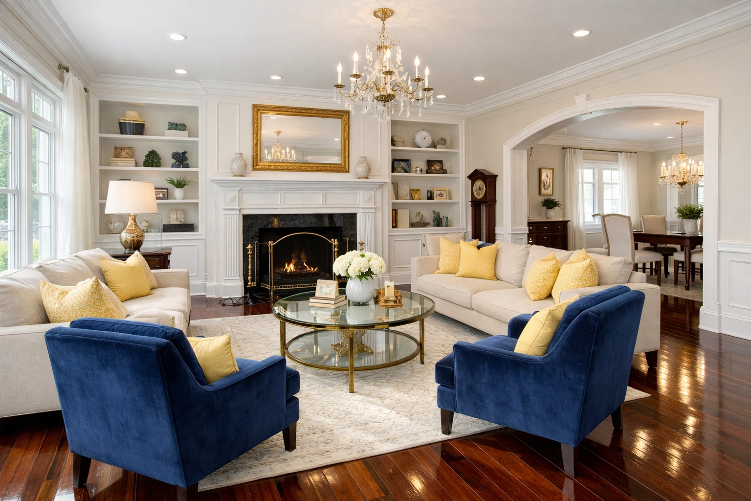 Spotless living room with polished hardwood floors after a professional house cleaning Worcester MA session.
