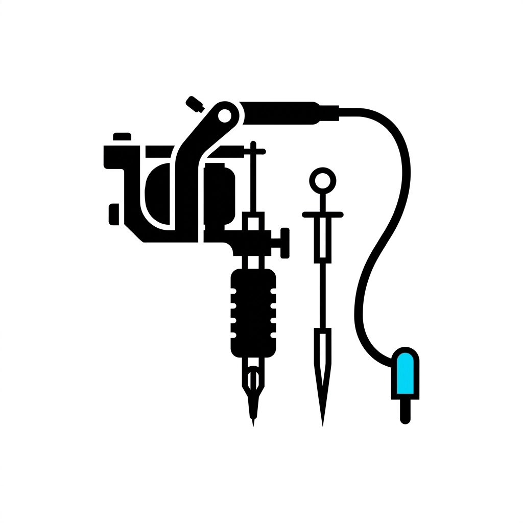 Minimalist icon of a professional tattoo machine and a sterile needle, rendered in bold black geometric shapes on a pure white background. Sharp, clean lines with a single bright blue highlight on the power cord.