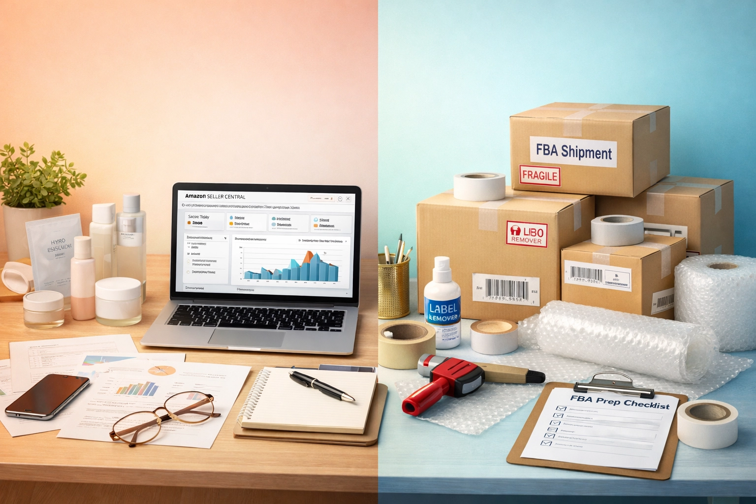 Amazon FBA seller workspace and Korean skincare product shipping preparation area