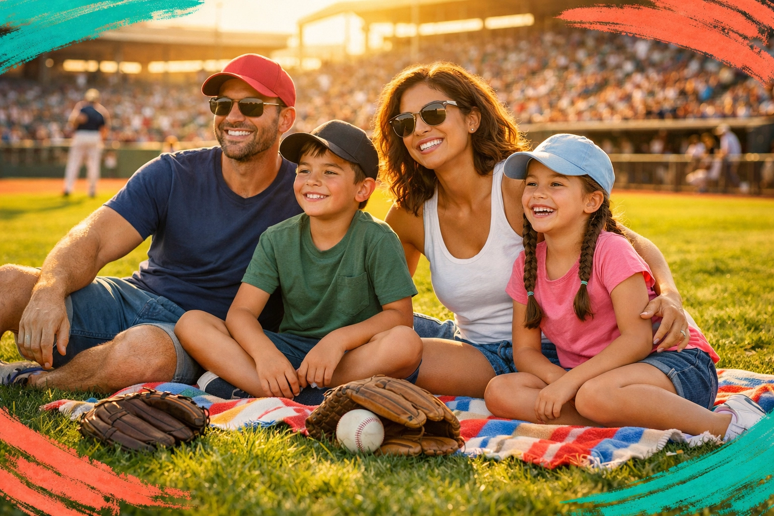 Family enjoying lawn seating at Phoenix spring training baseball game Family enjoying lawn seating at Phoenix spring training baseball game