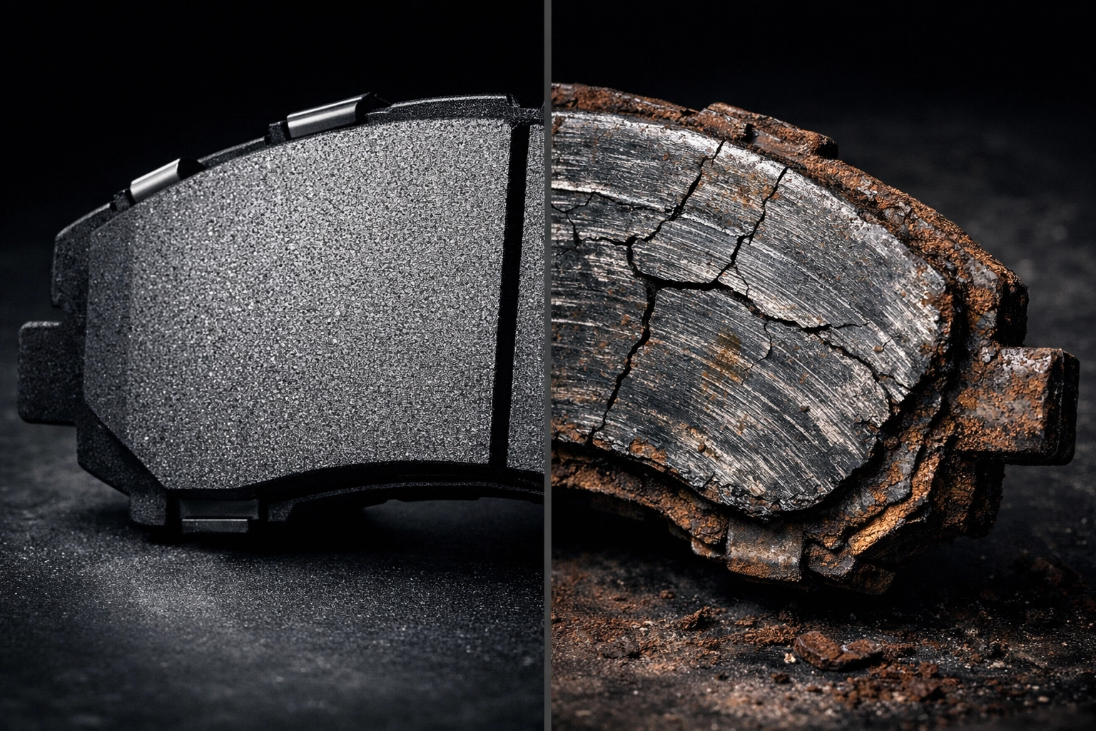 Side-by-side comparison of a new premium brake pad and a worn, dangerous pad needing immediate repair.
