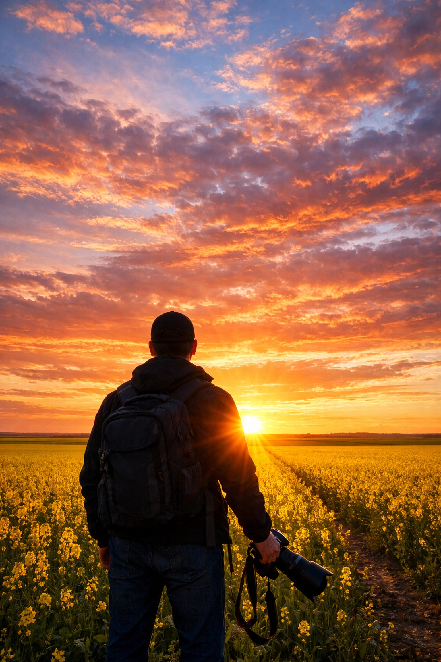 A photographer shooting the sunrise in a yellow canola field during a Saskatchewan photo walk.