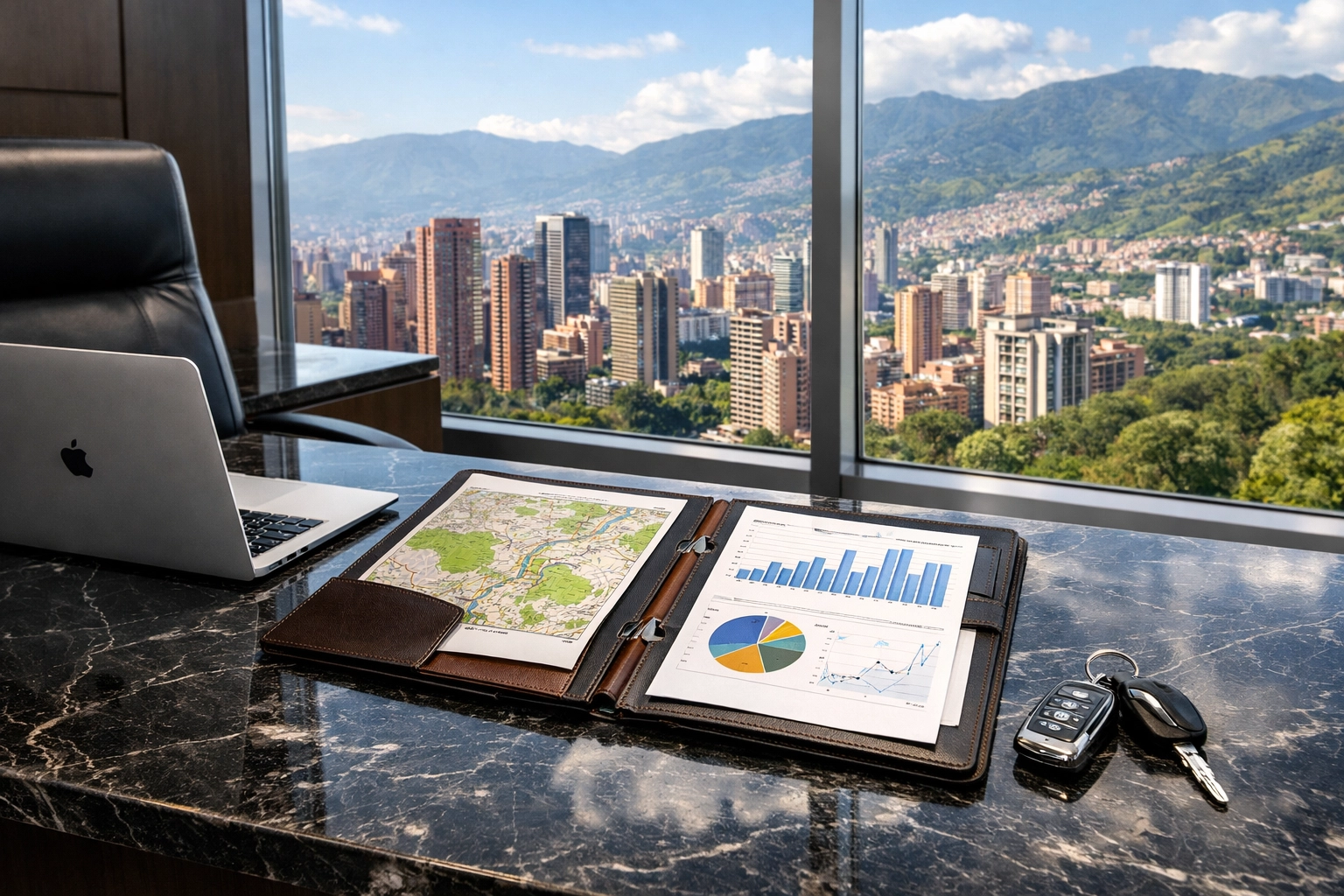 Professional asset recovery files and keys on an executive desk overlooking the Medellin skyline.