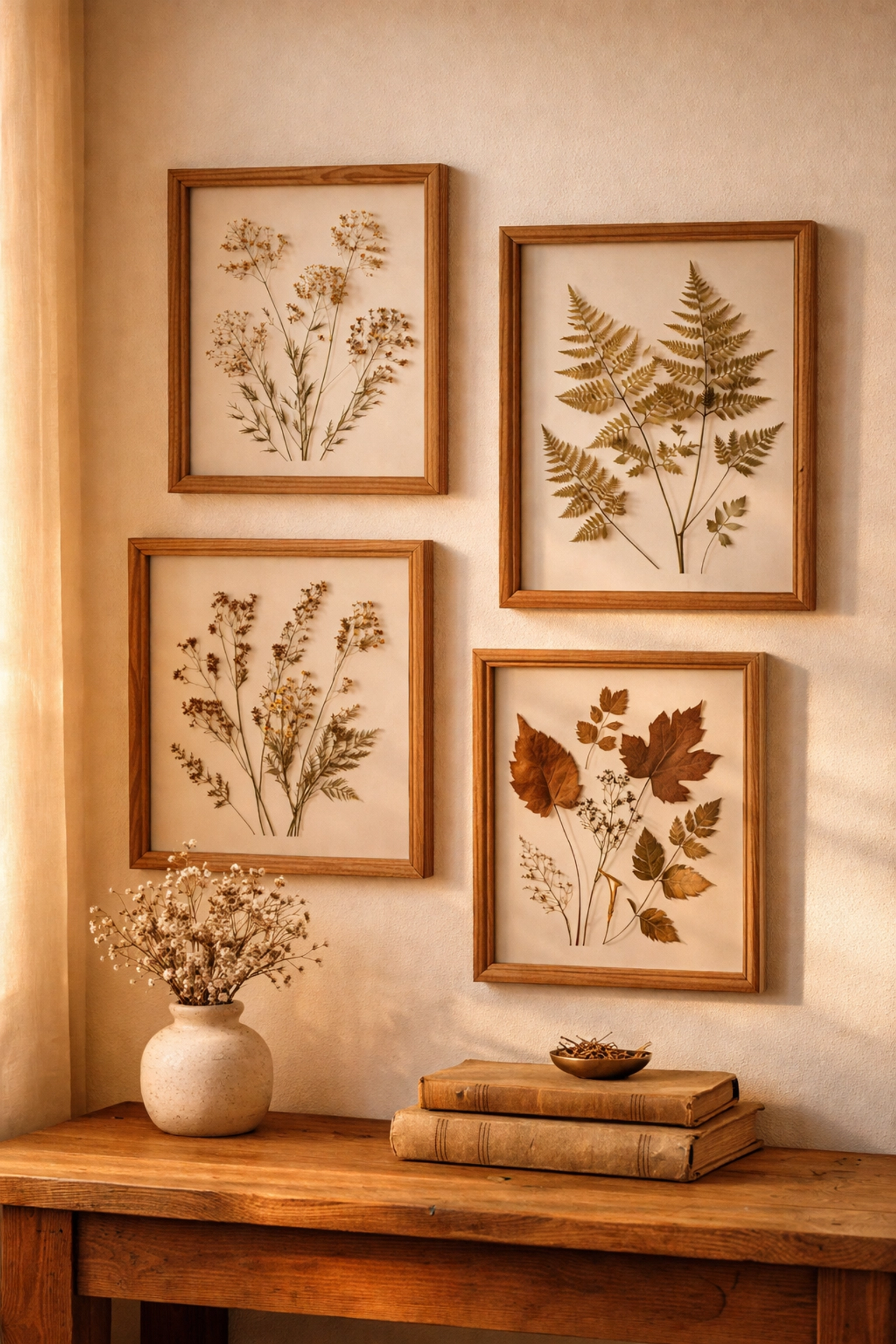 Framed pressed ferns and wildflowers displayed above a rustic console, highlighting botanical handcrafted home decor.