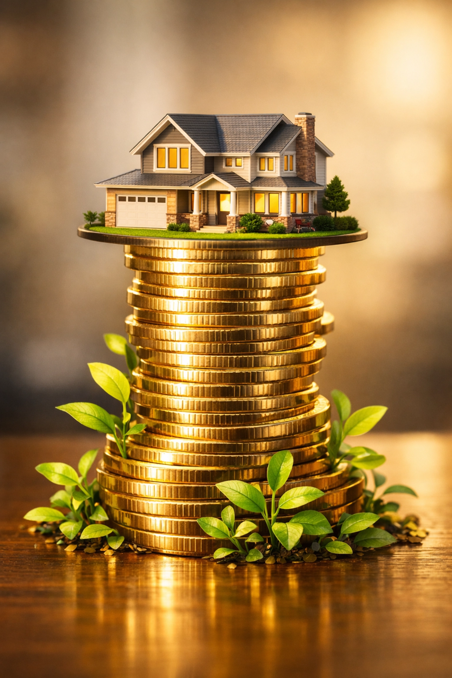 Miniature suburban home on gold coins representing real estate investment growth and passive rental income.