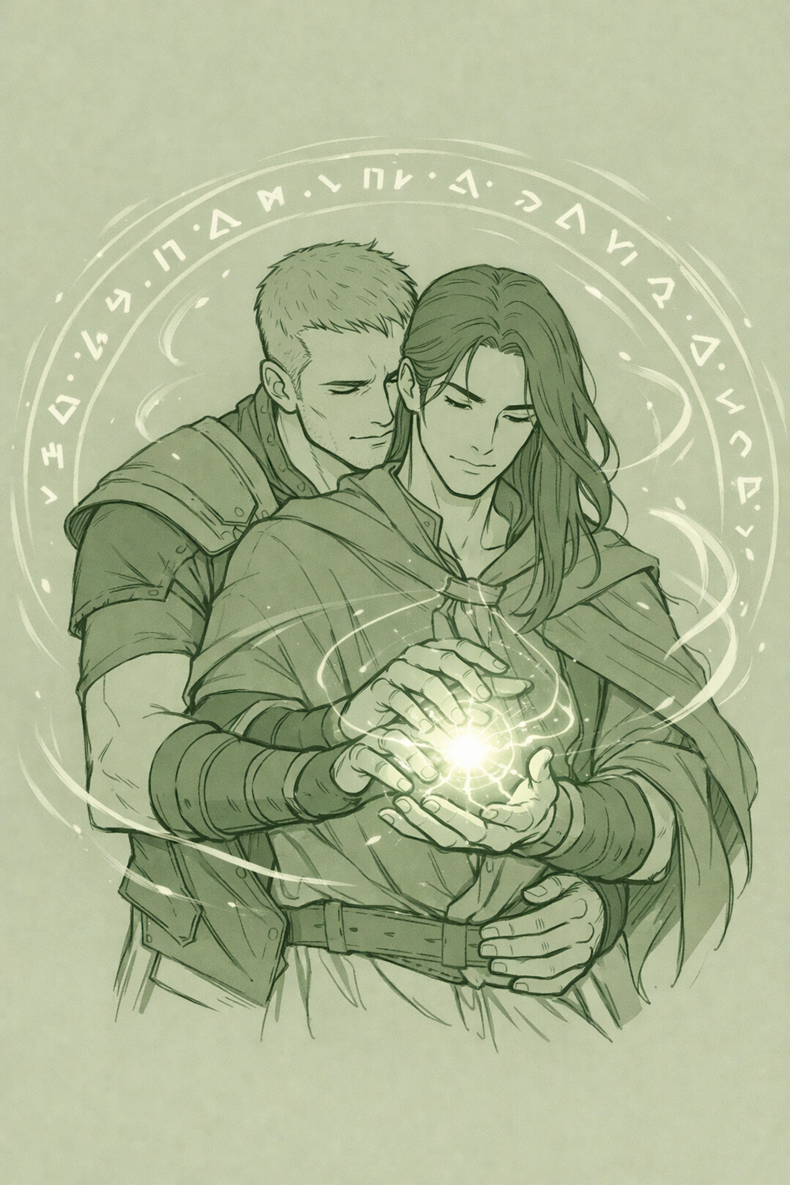 Two men casting magic together - witcher and mage romantic connection in gay fantasy romance