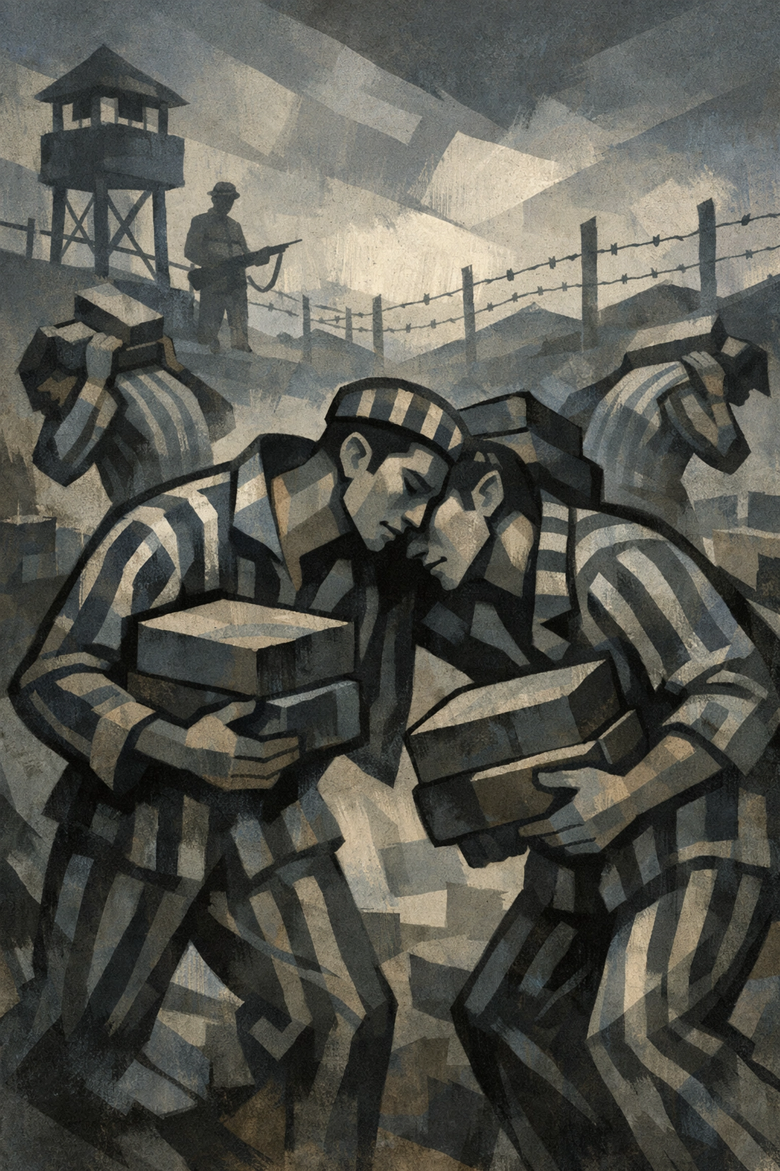 Gay prisoners in striped uniforms performing brutal forced labor at Nazi concentration camp