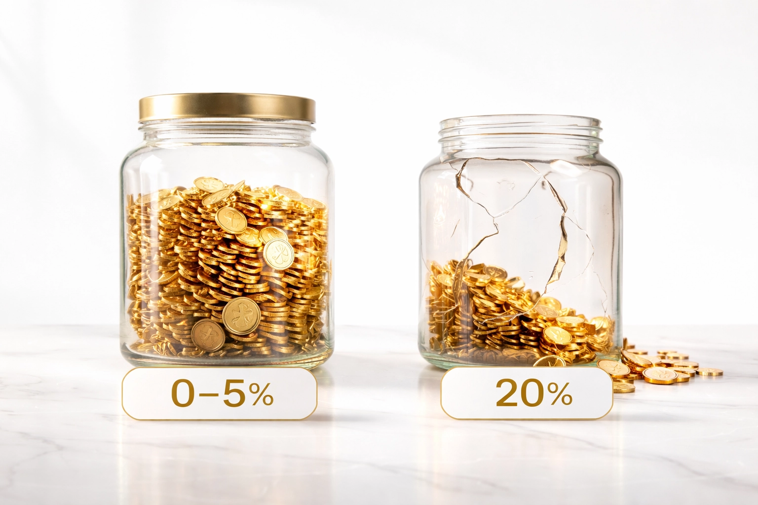 Glass jars compare platform fees, one nearly full at 5 percent, the other draining at 20 percent, showing creator monetization impact.