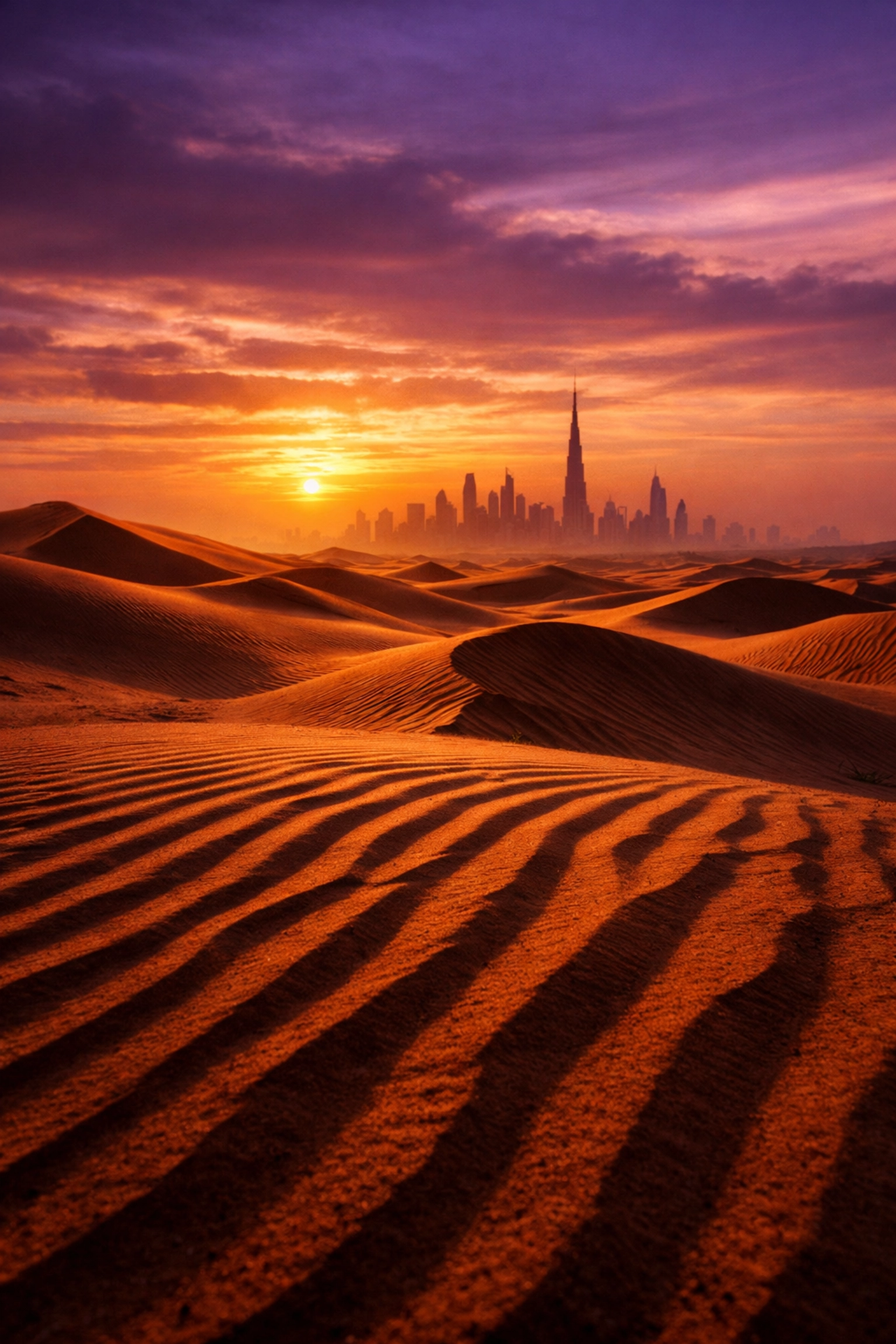 Sunset over Dubai desert dunes with the city skyline, a perfect photo spot for dramatic landscapes.