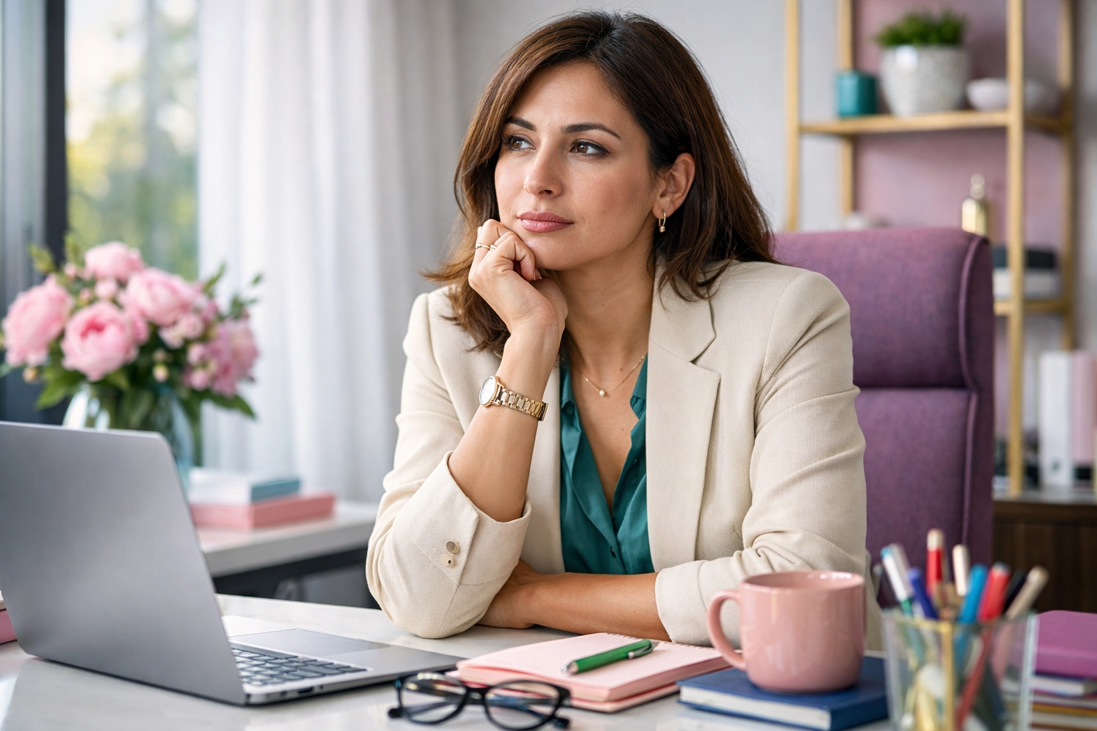 A professional woman at a modern office desk reflecting on imposter syndrome and the fear of career growth, in a chic vibrant workspace with pink, purple, green, and blue accents.