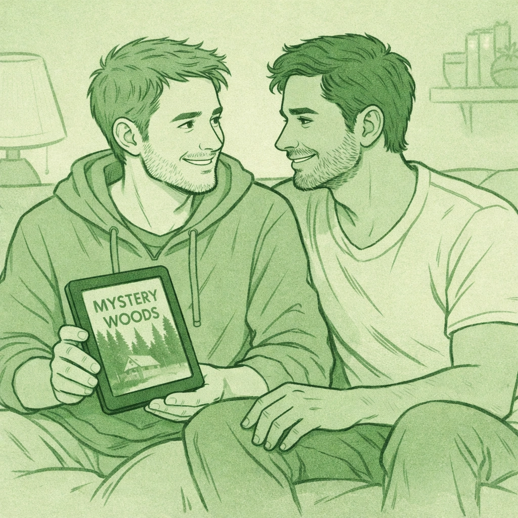 Two men reading character-driven gay fiction together, discussing MM romance novels