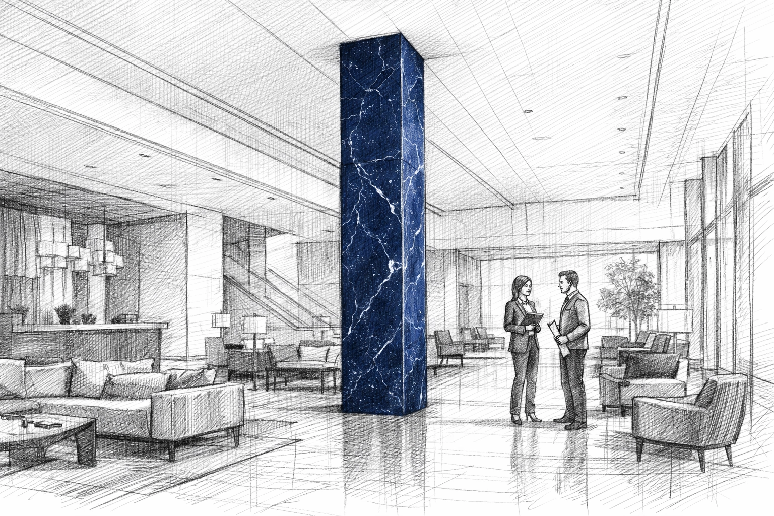 Pencil illustration of a modern hotel lobby where A&D directors and designers discuss hospitality projects.
