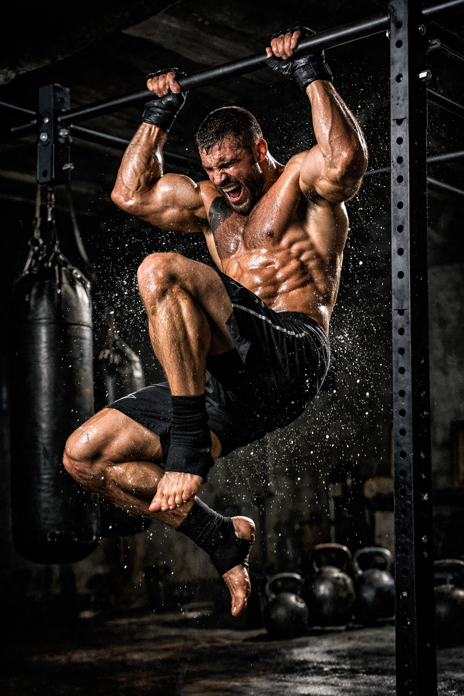 MMA fighter performing explosive knee strikes on a sturdy floor to ceiling crossfit home gym rail.