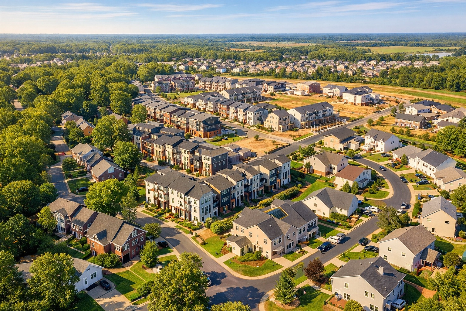 Aerial view of Fairfax, Loudoun, and Prince William County neighborhoods in Northern Virginia